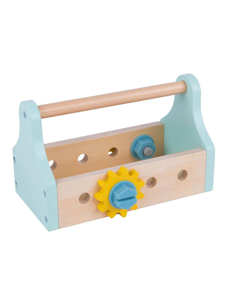 Tooky Toy wooden tool box with 17 accessories, imported from the UK
