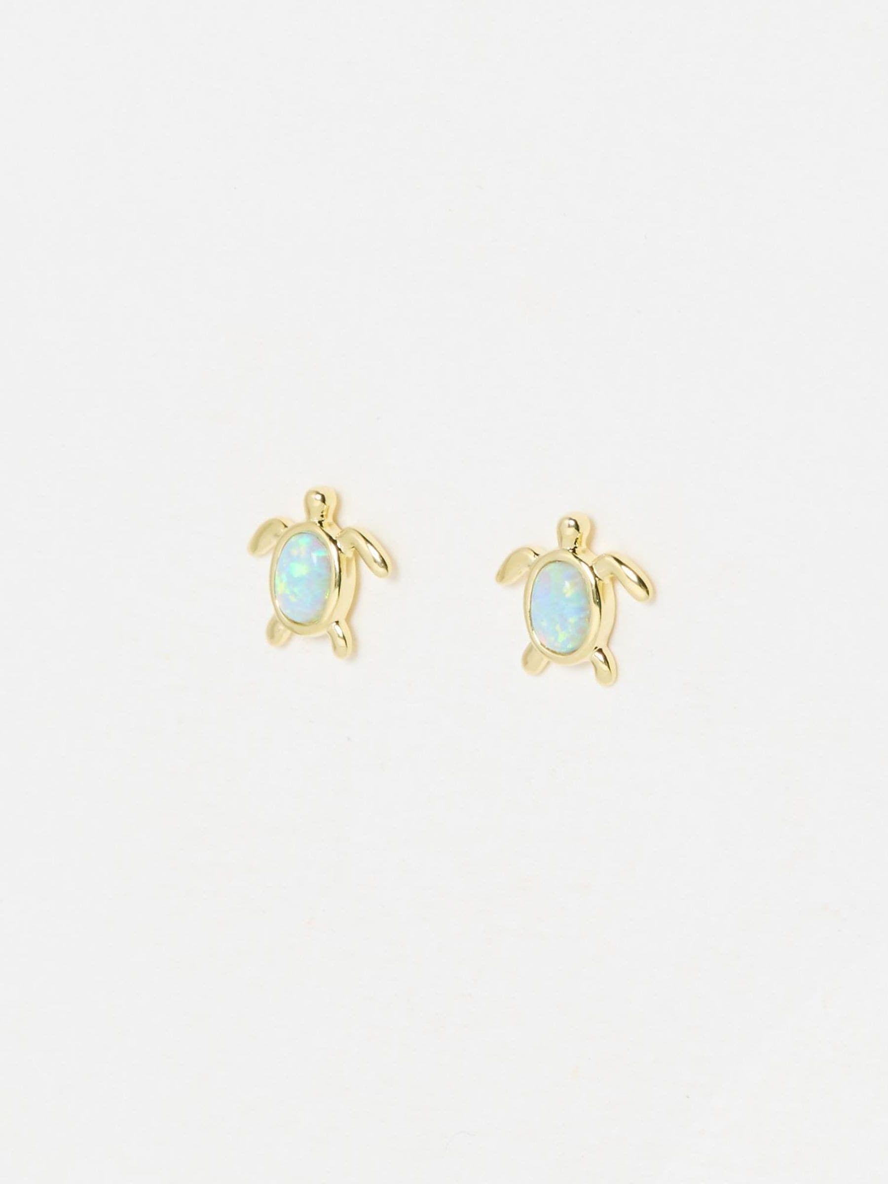 Oliver Bonas gold plated opalite turtle stud earrings, imported from the UK