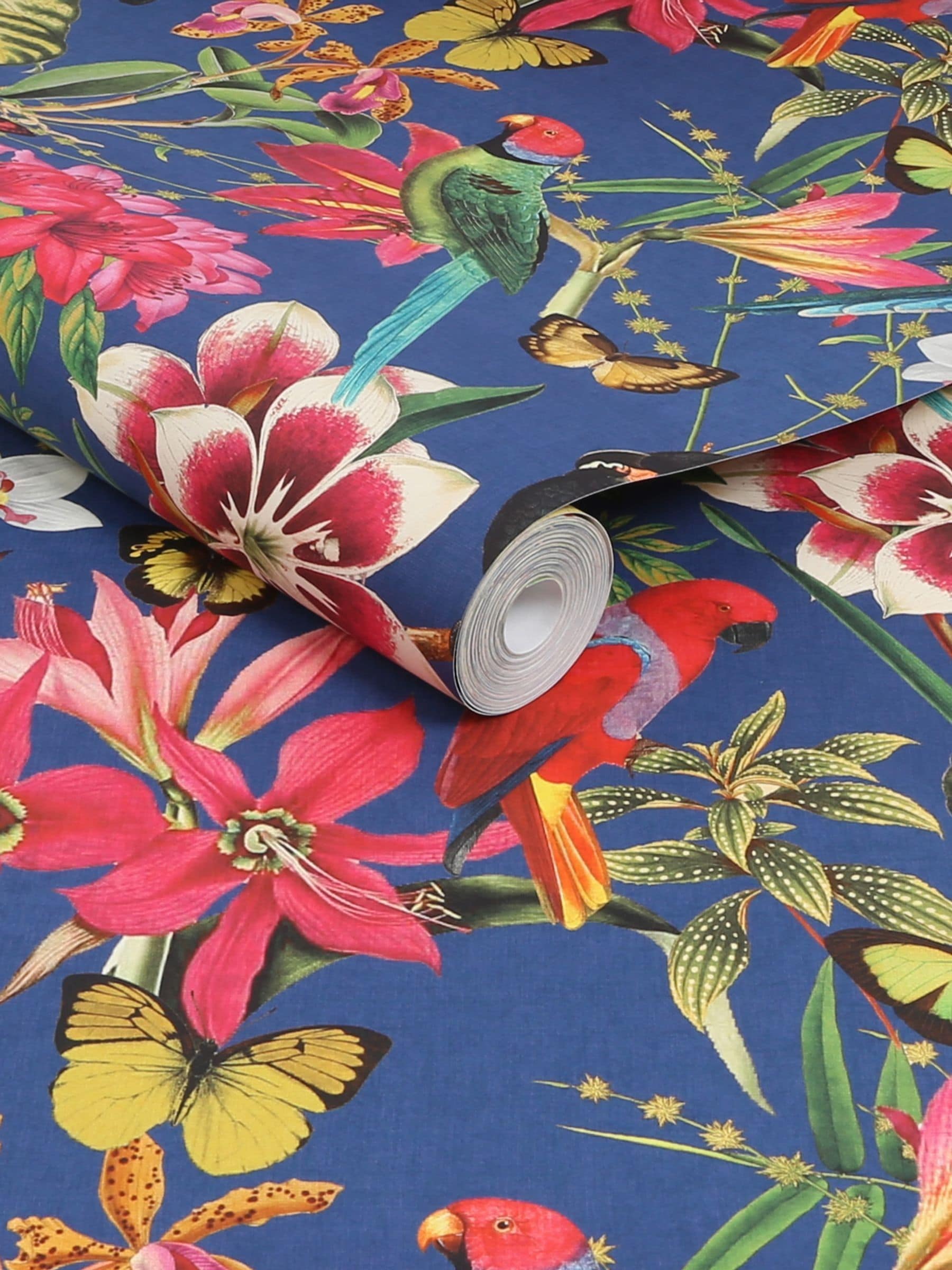 Graham & Brown Paradiso wallpaper sample deep navy, UK version