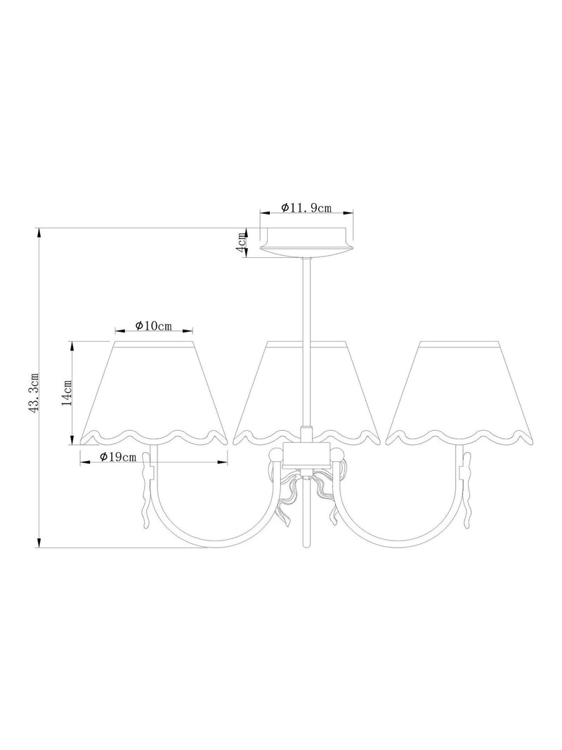 Brass bow chandelier with delicate scalloped shades - British product