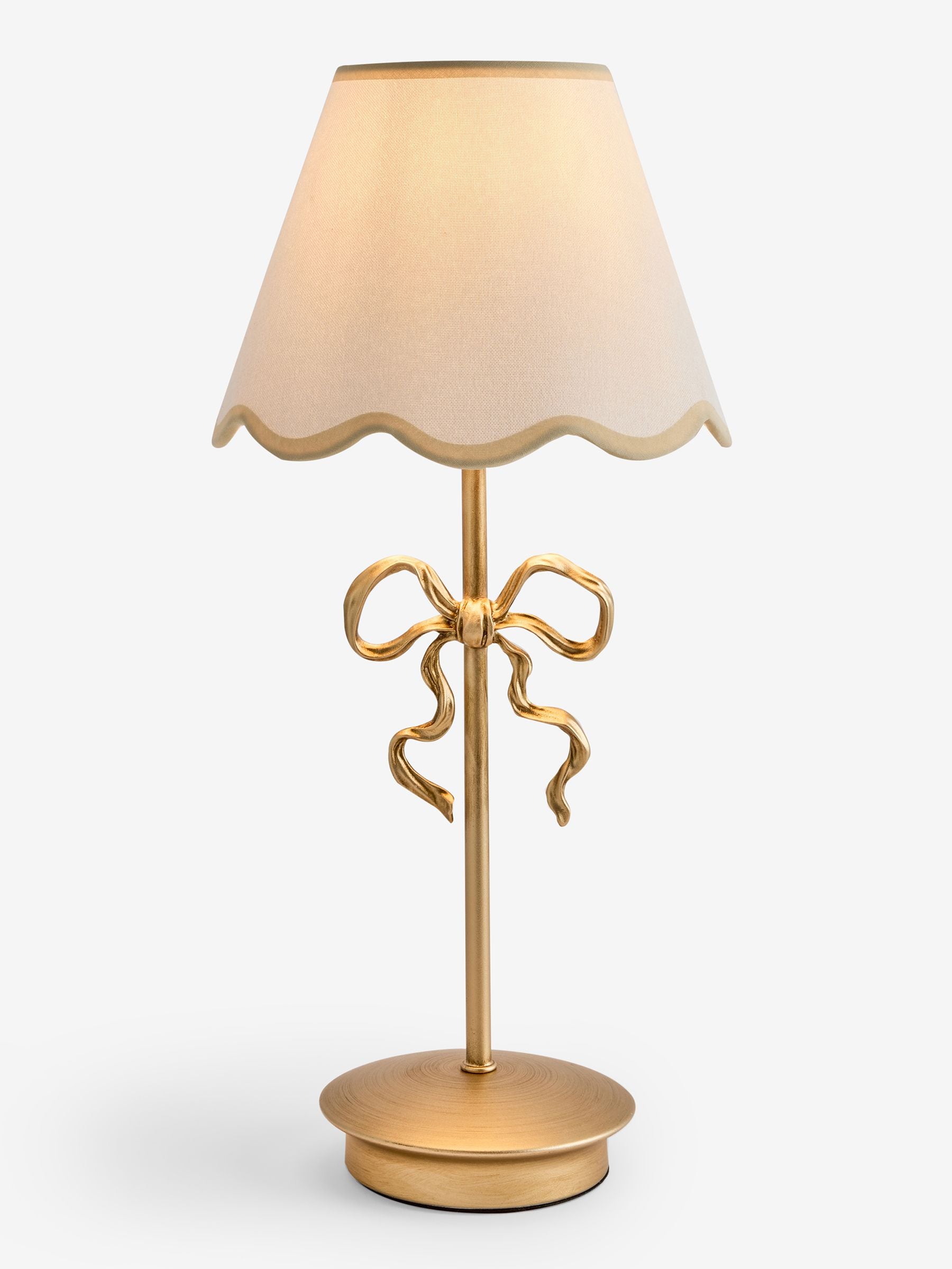 Wireless rechargeable brass bow table lamp (British brand)