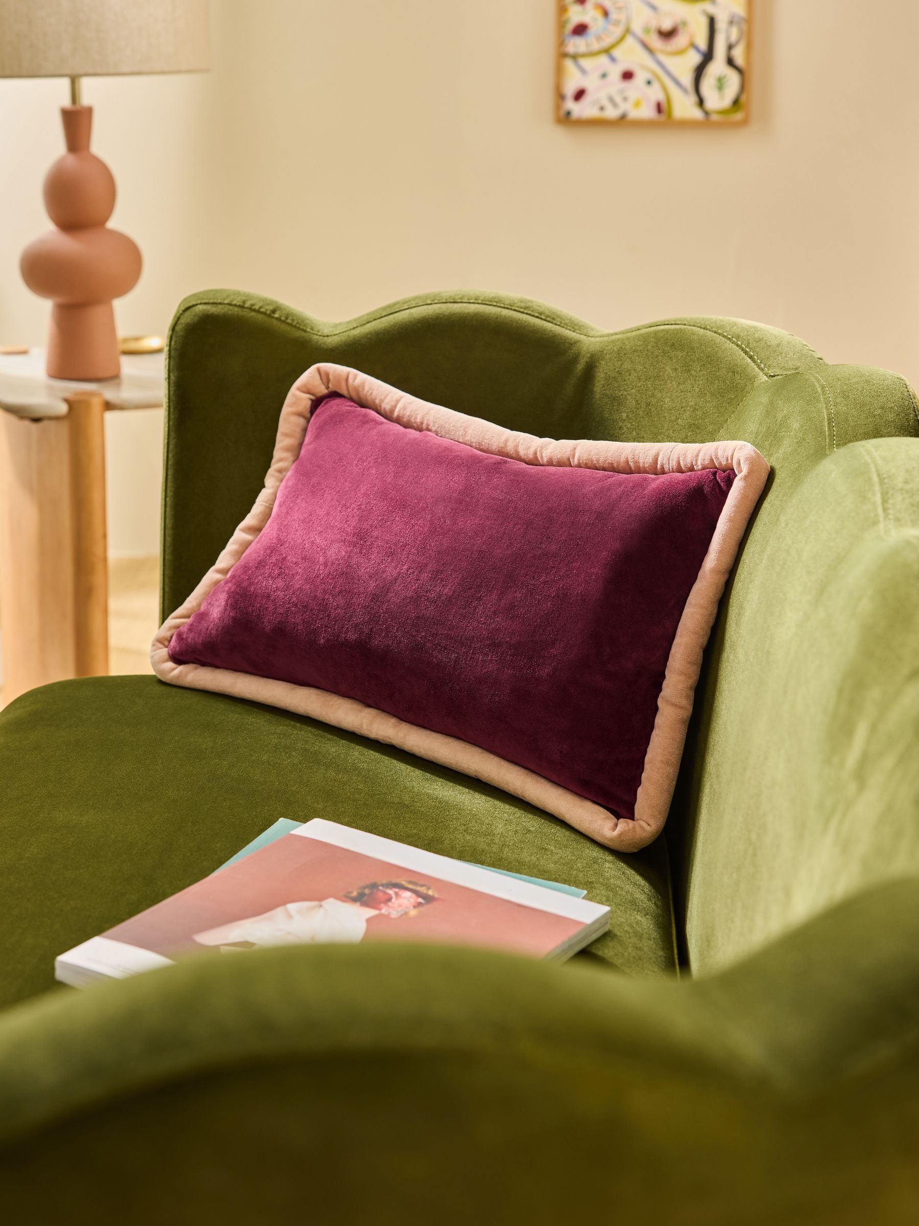 MADE.COM Huxley cushion khaki aubergine velvet, imported from the UK