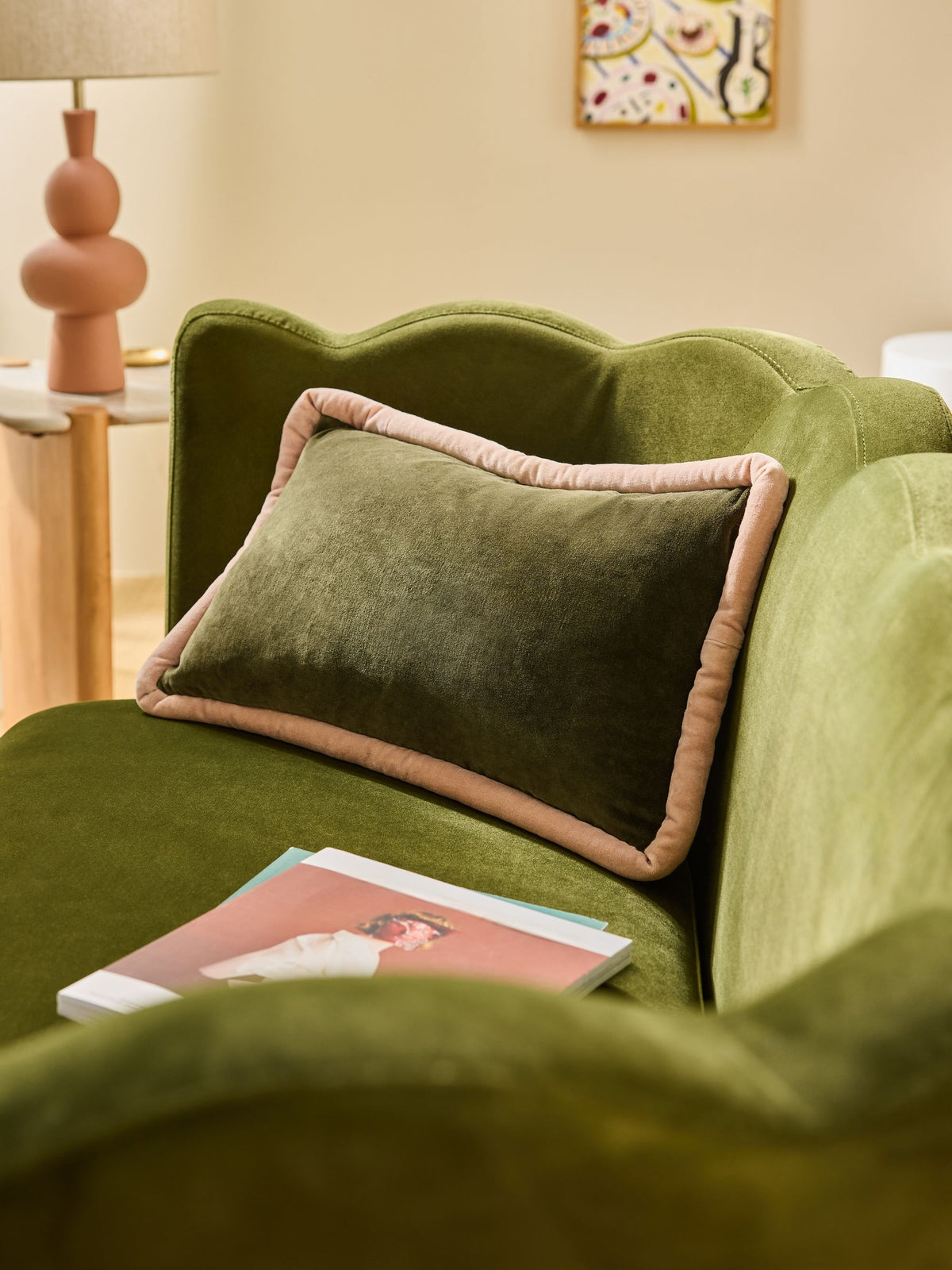 MADE.COM Huxley cushion khaki aubergine velvet, imported from the UK