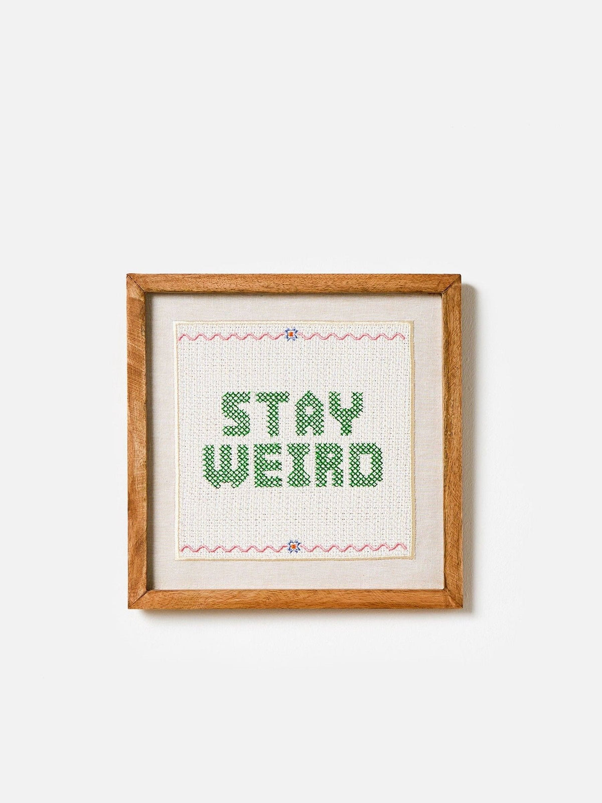 Oliver Bonas Stay Weird petit point framed wall art 31x31cm, imported from the UK