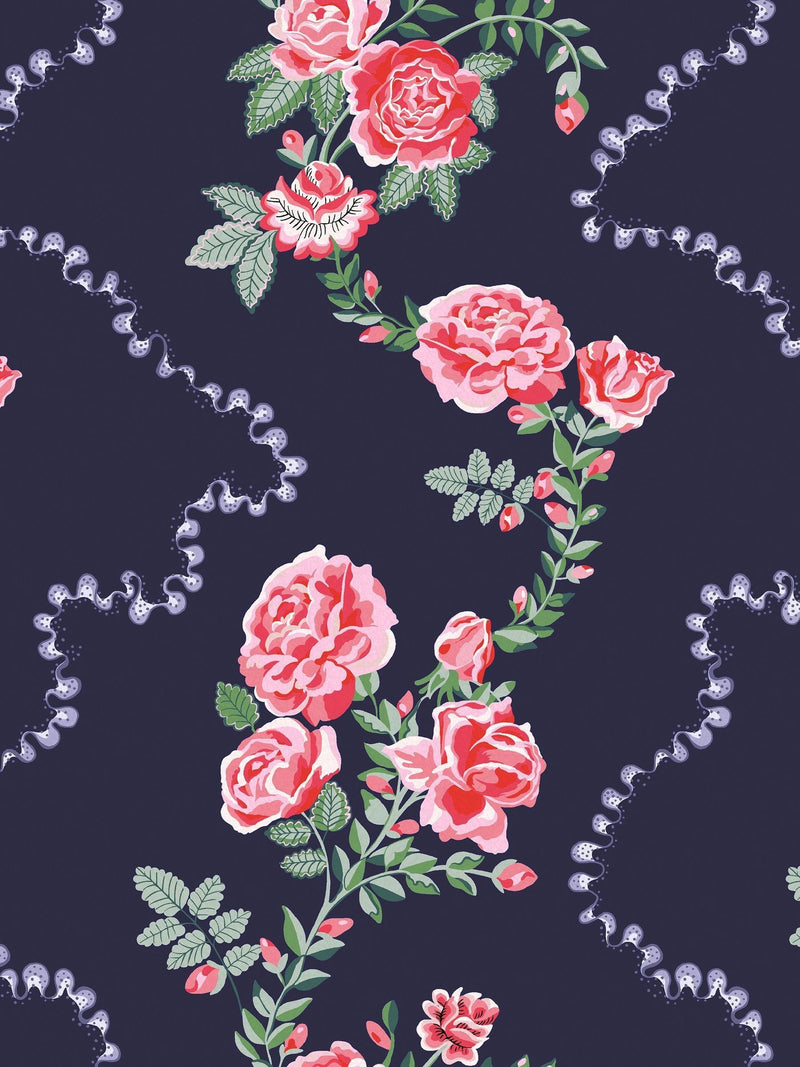 Cath Kidston wallpaper sample Rose Flutter Navy A4, UK version