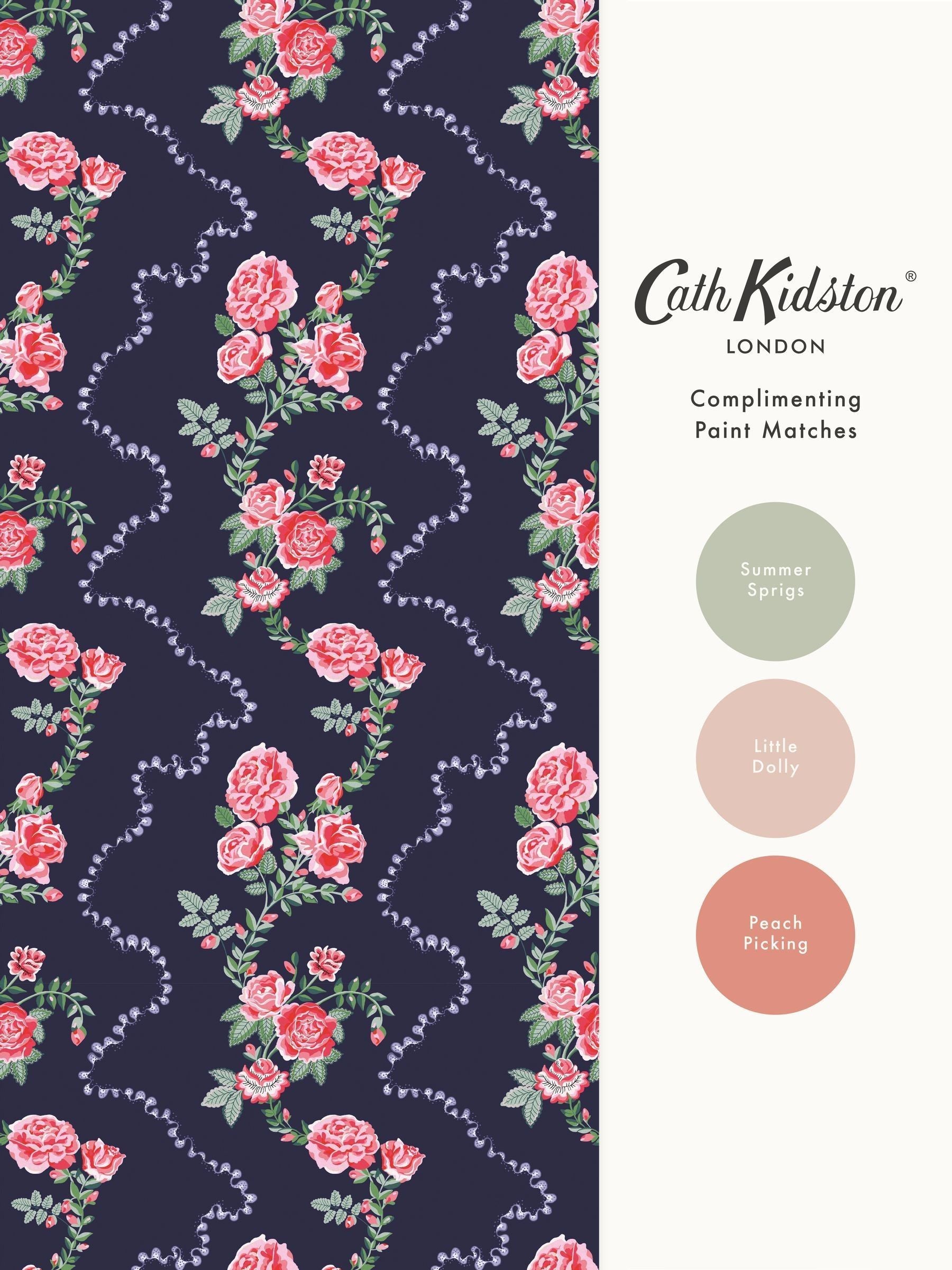 Cath Kidston wallpaper sample Rose Flutter Navy A4, UK version
