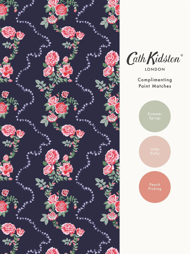 Cath Kidston wallpaper sample Rose Flutter Navy A4, UK version