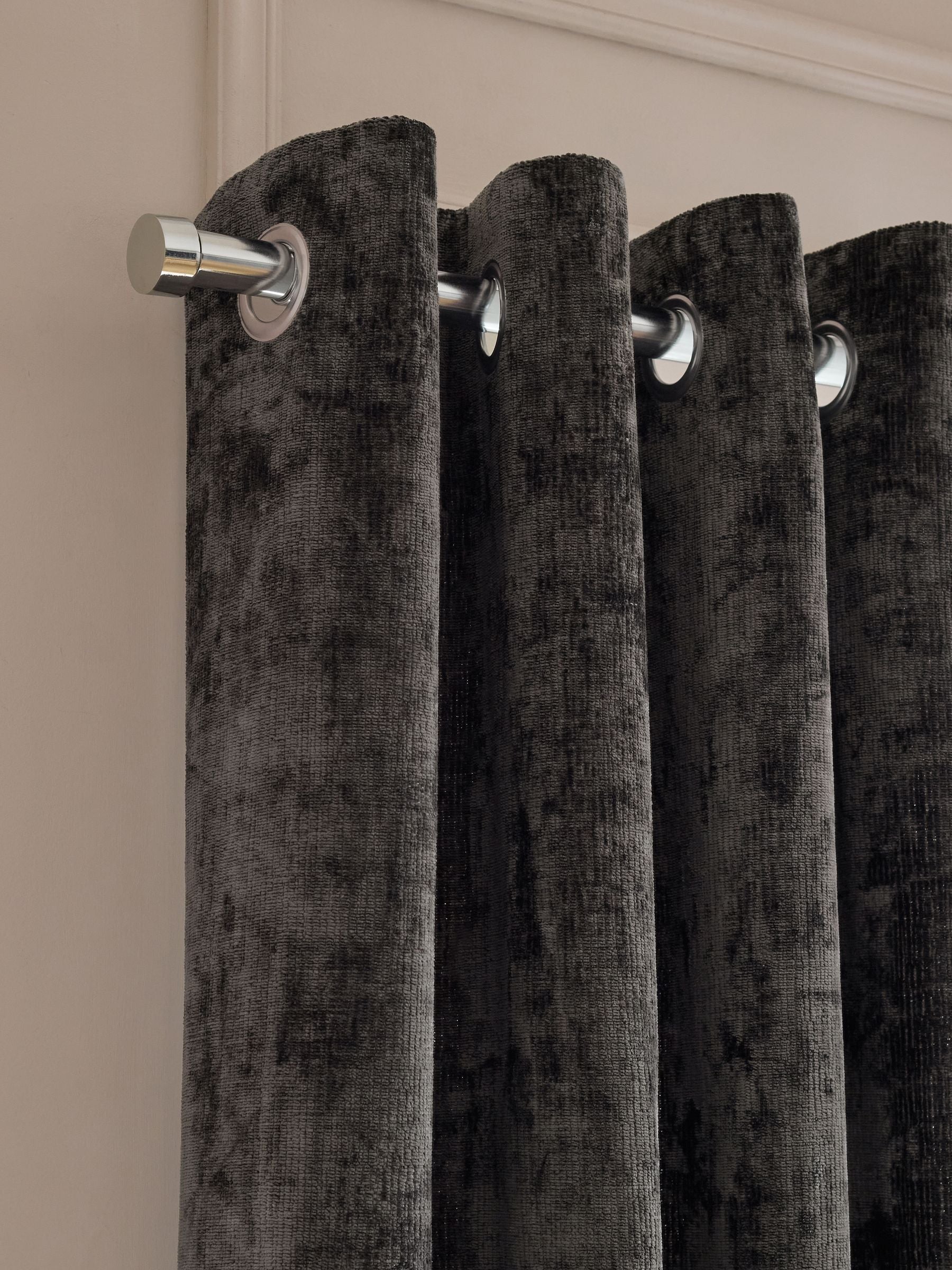 Charcoal Grey Lined Plush Chenille Eyelet Curtains