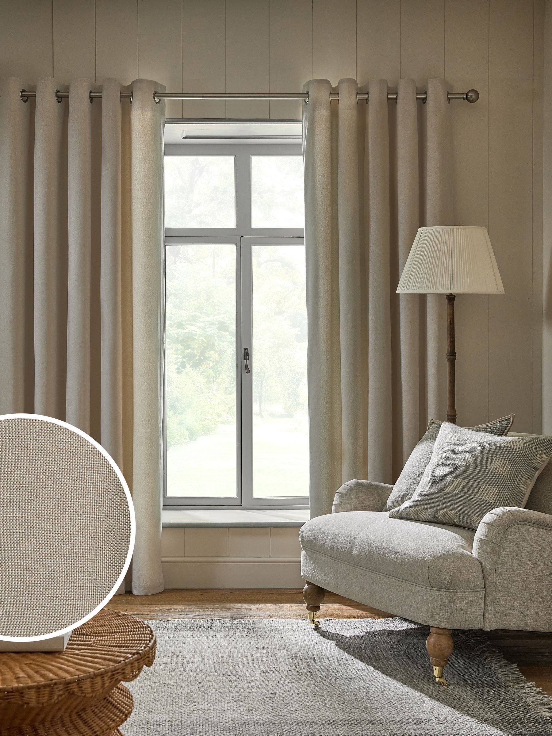 Light natural soft marl blackout thermal eyelet curtains, UK version