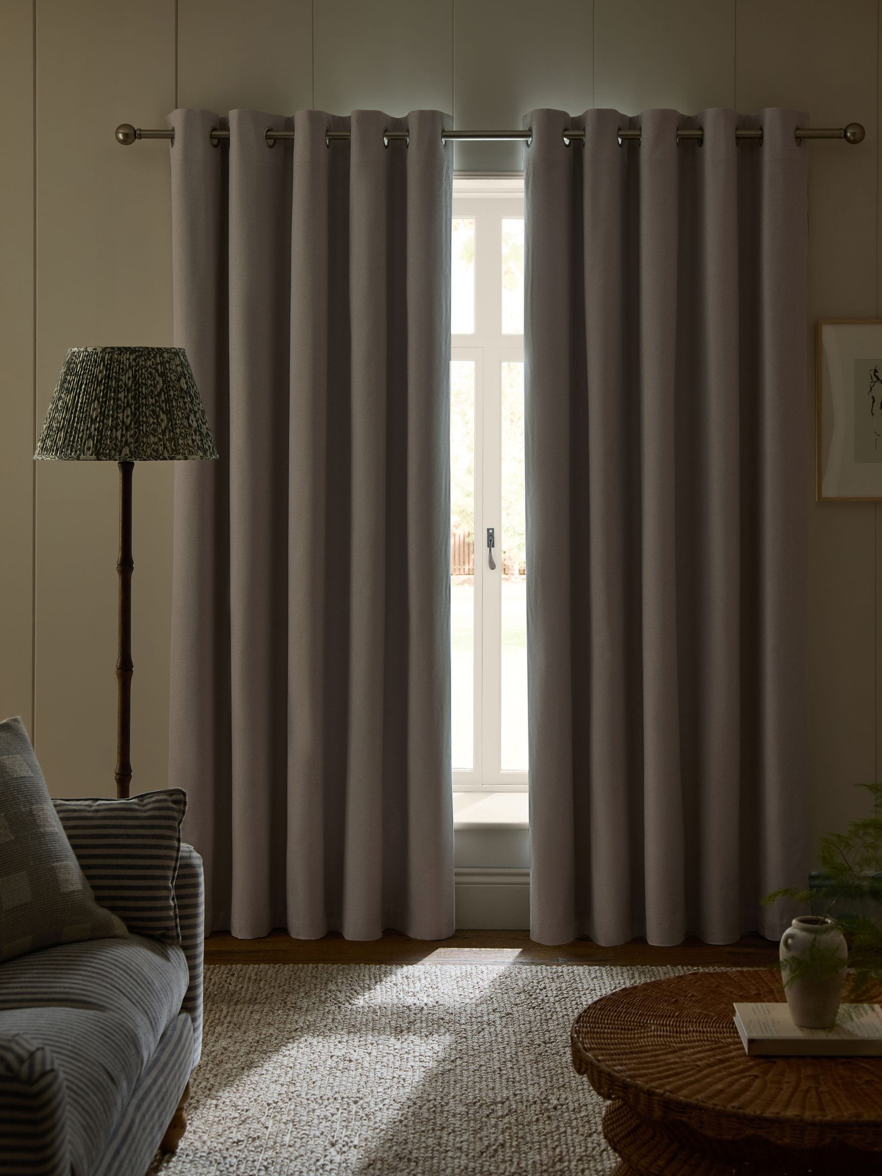 Light natural soft marl blackout thermal eyelet curtains, UK version
