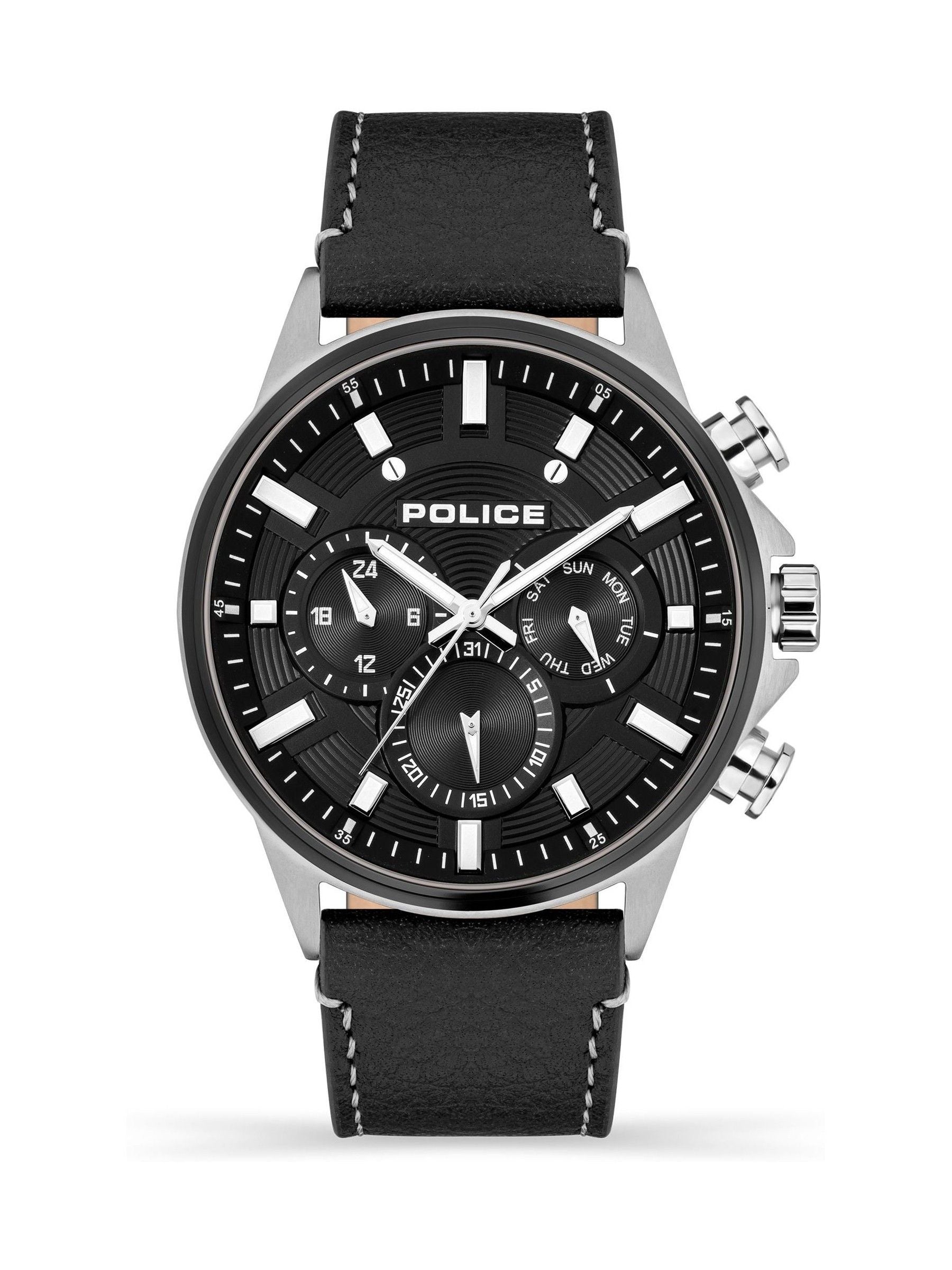 Police Kismet SS multi dial leather strap black watch 47mm, imported from the UK