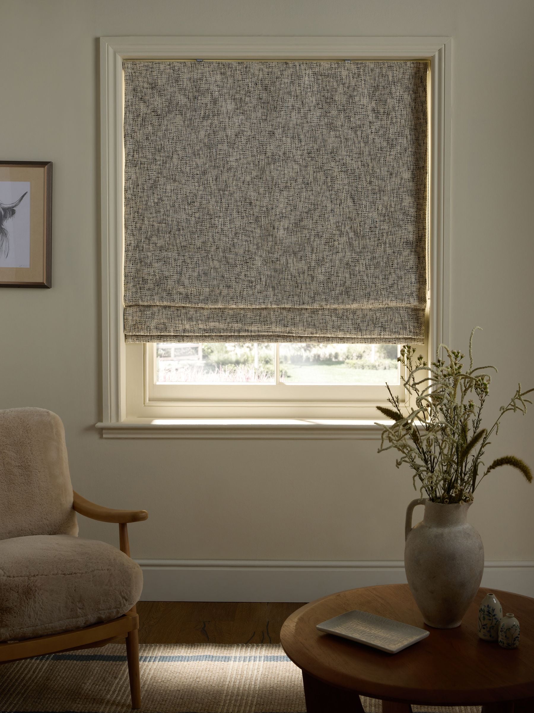 Grey chenille roman blind with blackout lining, UK version