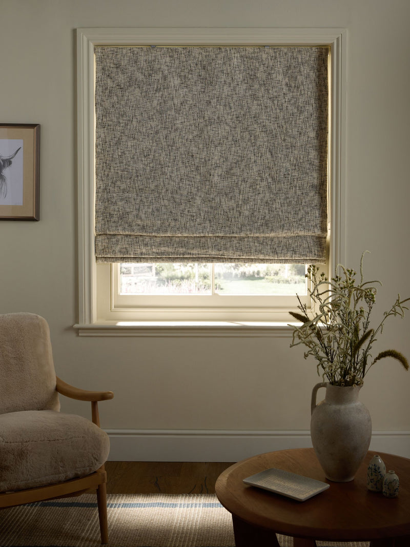 Grey chenille roman blind with blackout lining, UK version