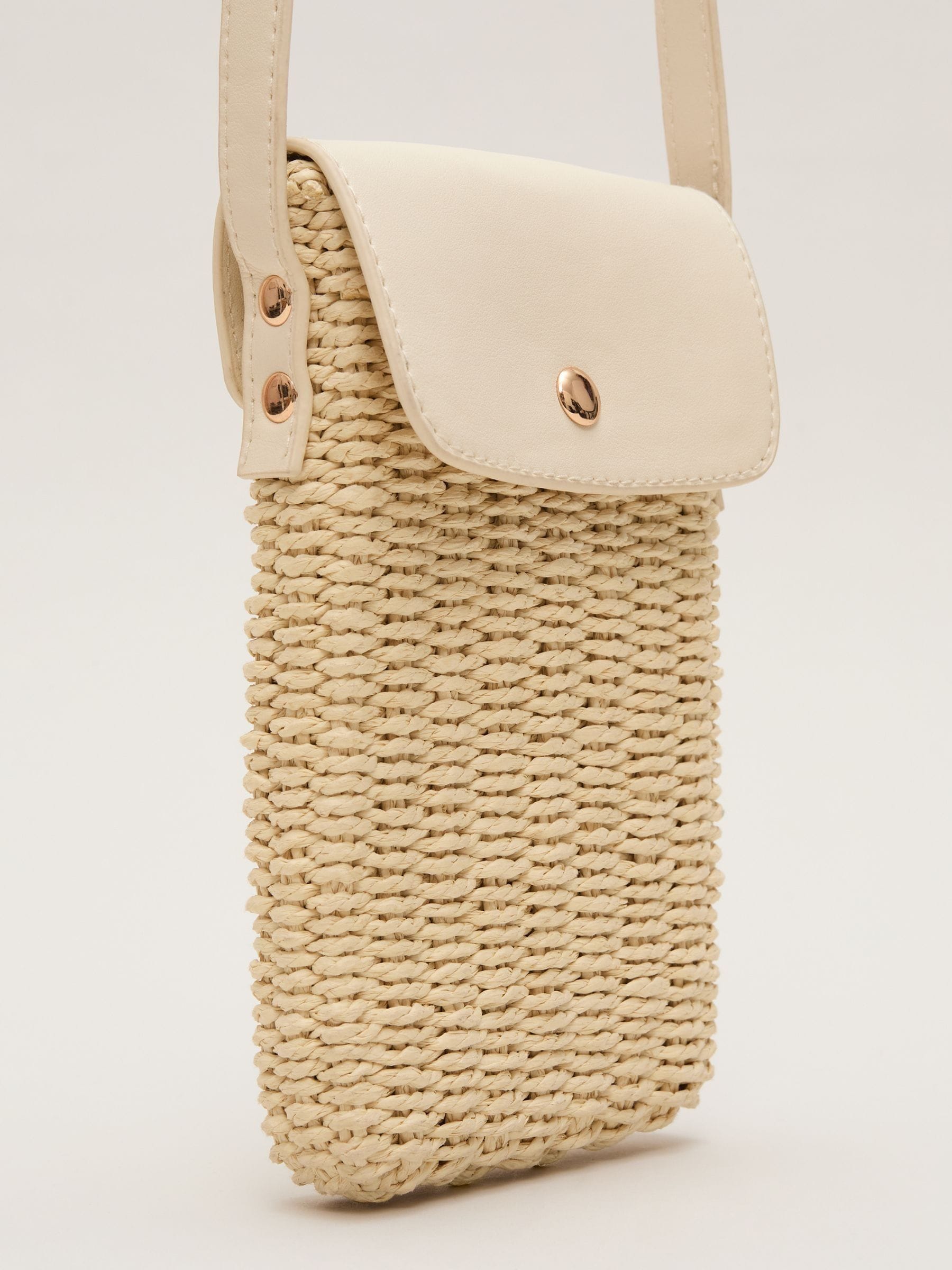 Phase Eight natural textured phone bag in raffia with crossbody strap - British product