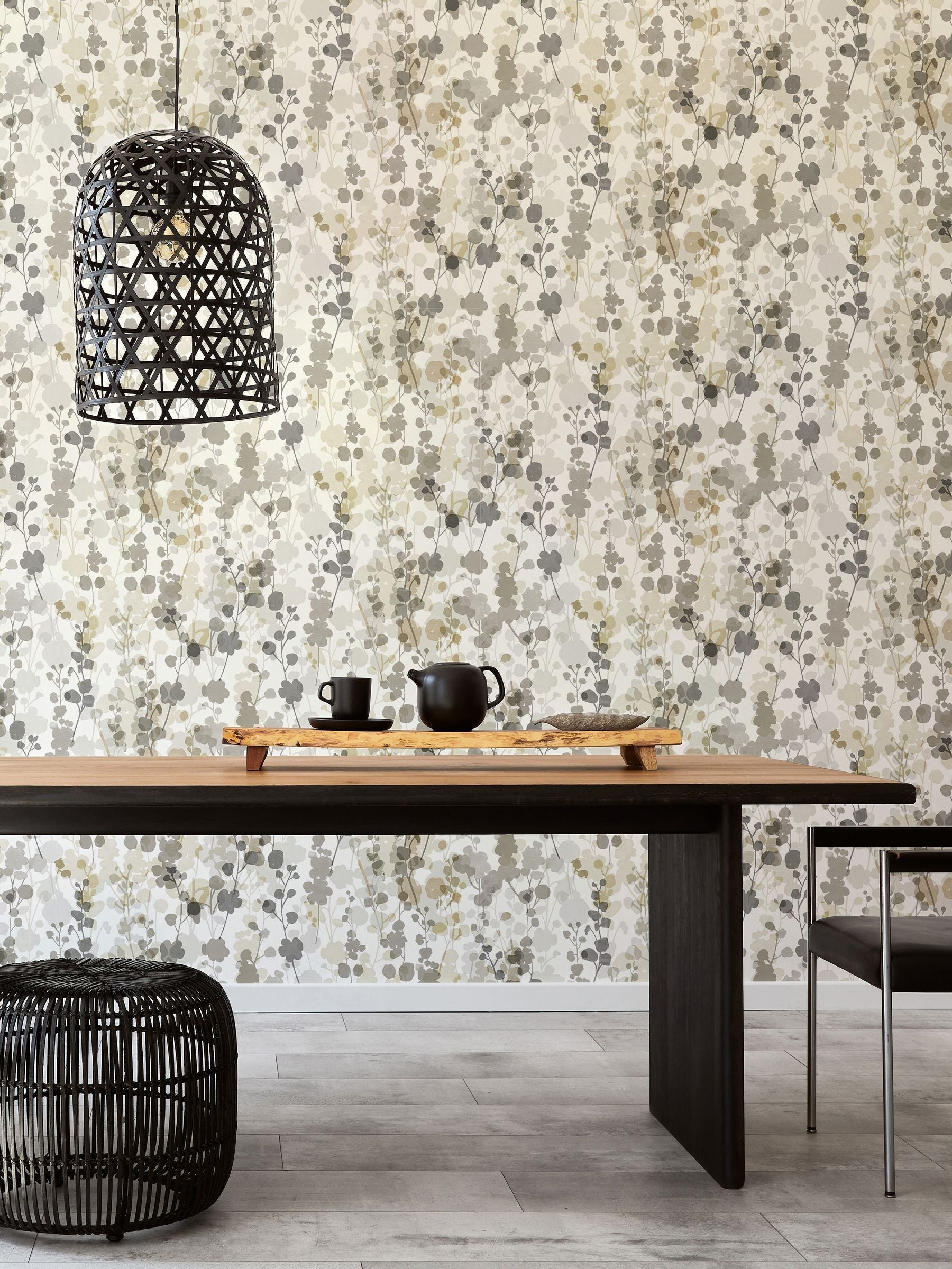 Ohpopsi Neutral Grey Blossom wallpaper 10m, imported from the UK