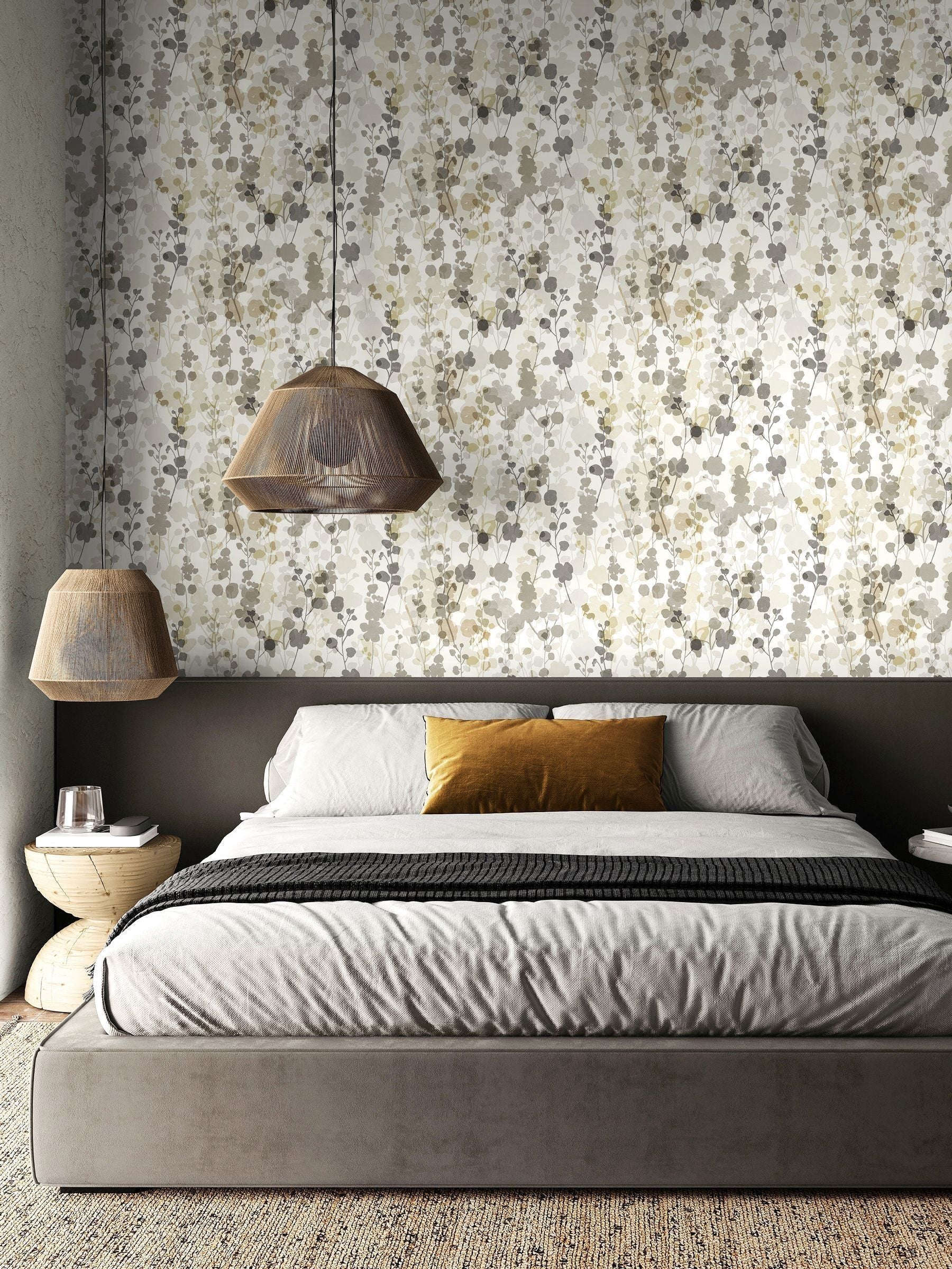 Ohpopsi Neutral Grey Blossom wallpaper 10m, imported from the UK