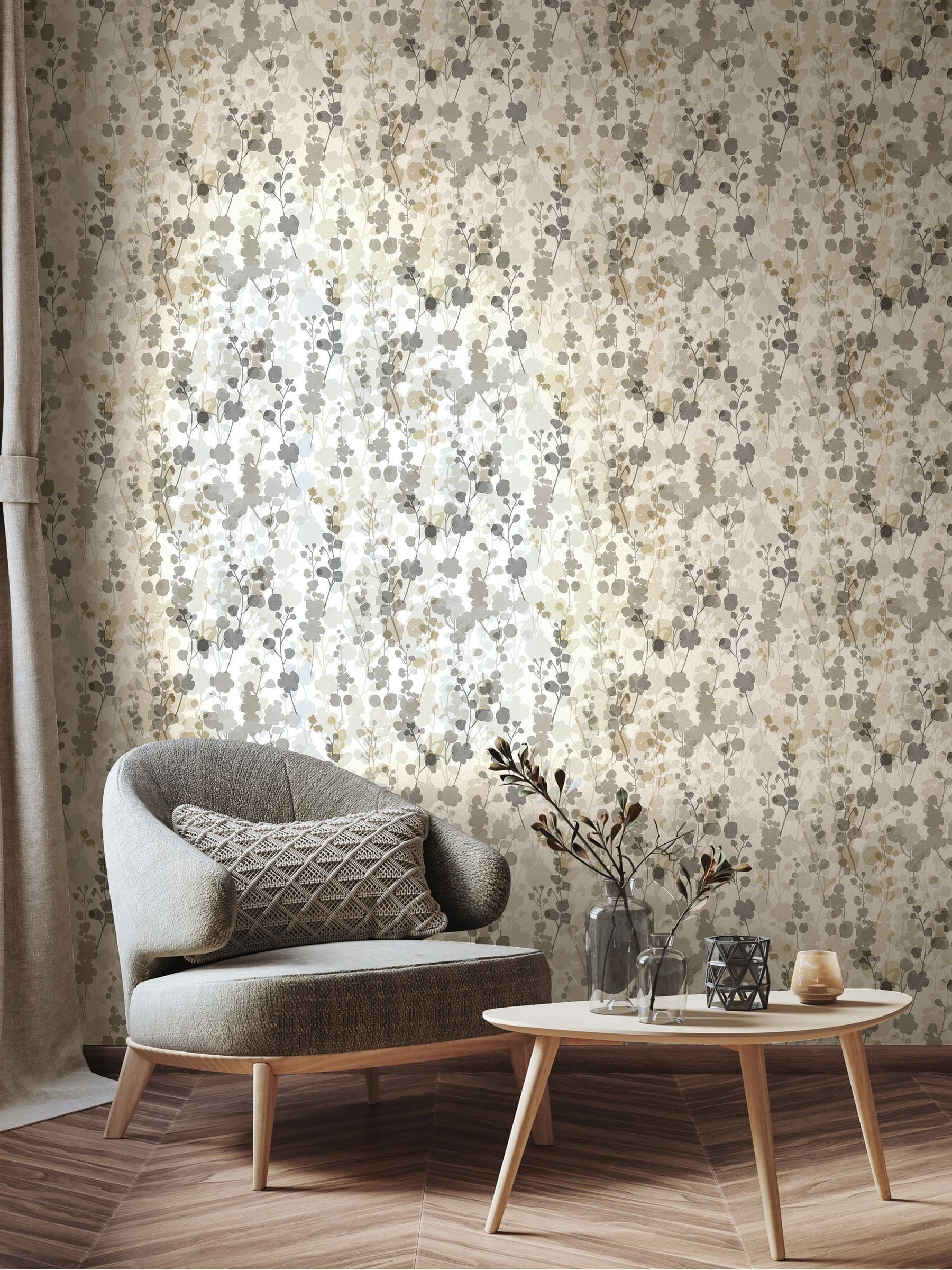 Ohpopsi Neutral Grey Blossom wallpaper 10m, imported from the UK