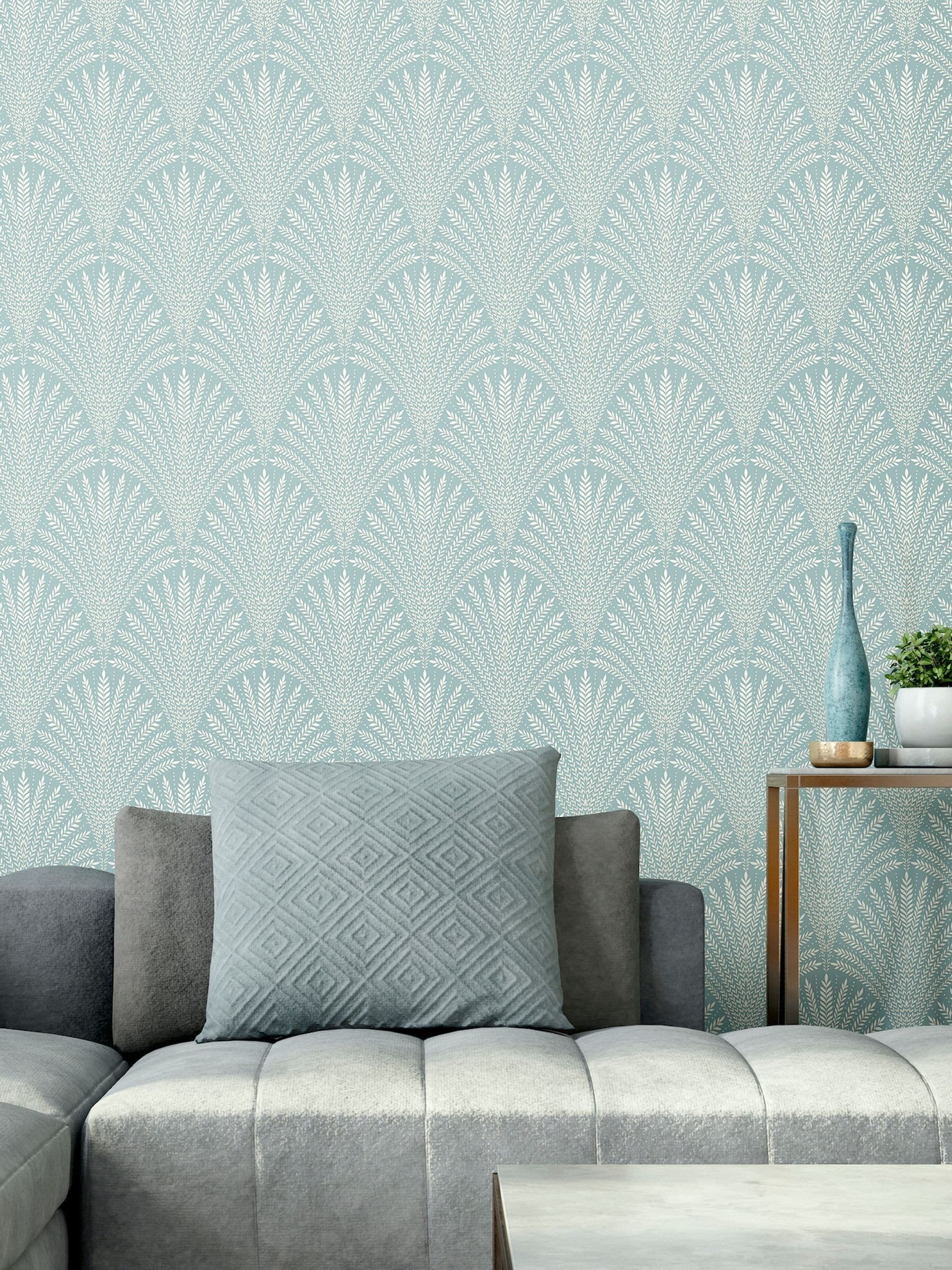 Hoopla Walls duck egg blue leaf wallpaper 10m - British product