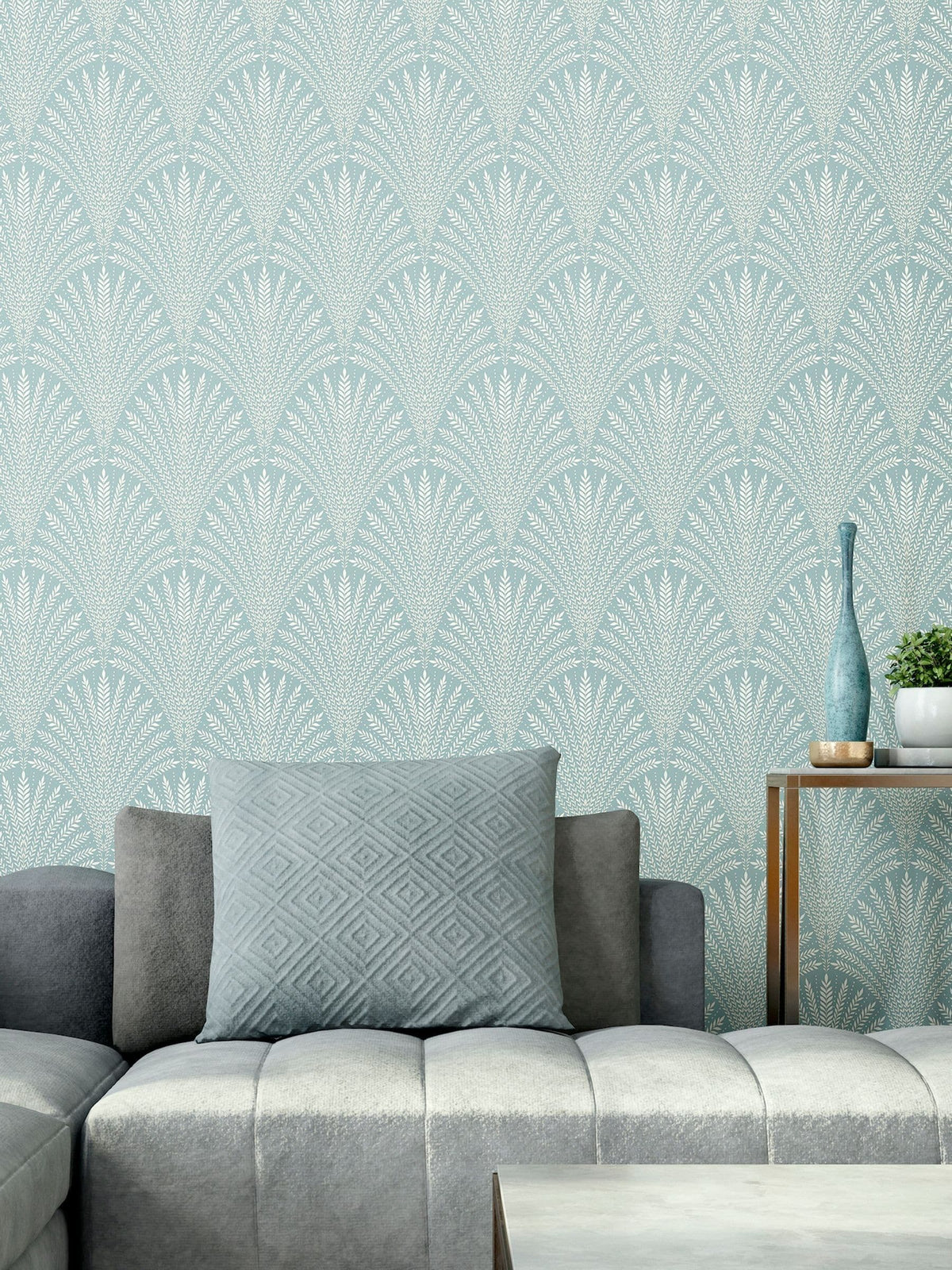 Hoopla Walls duck egg blue leaf wallpaper 10m - British product