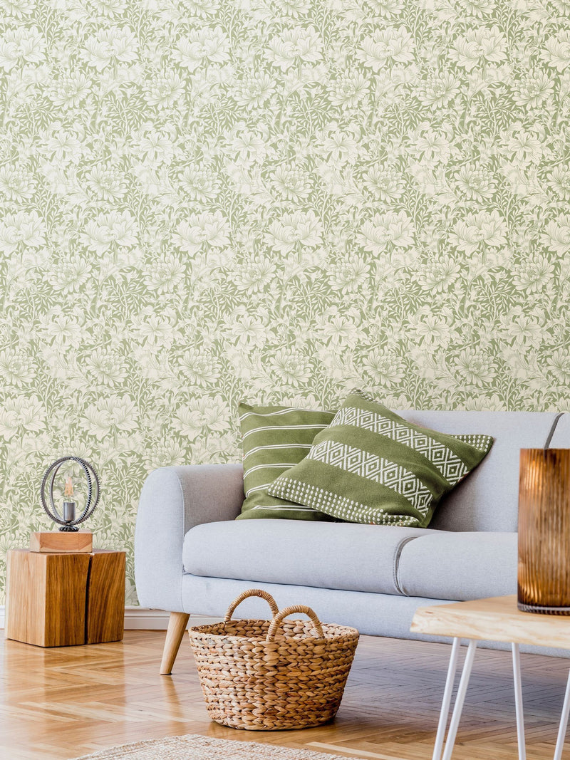 Hoopla Walls wallpaper sage green chrysanthemum 10m (British brand)