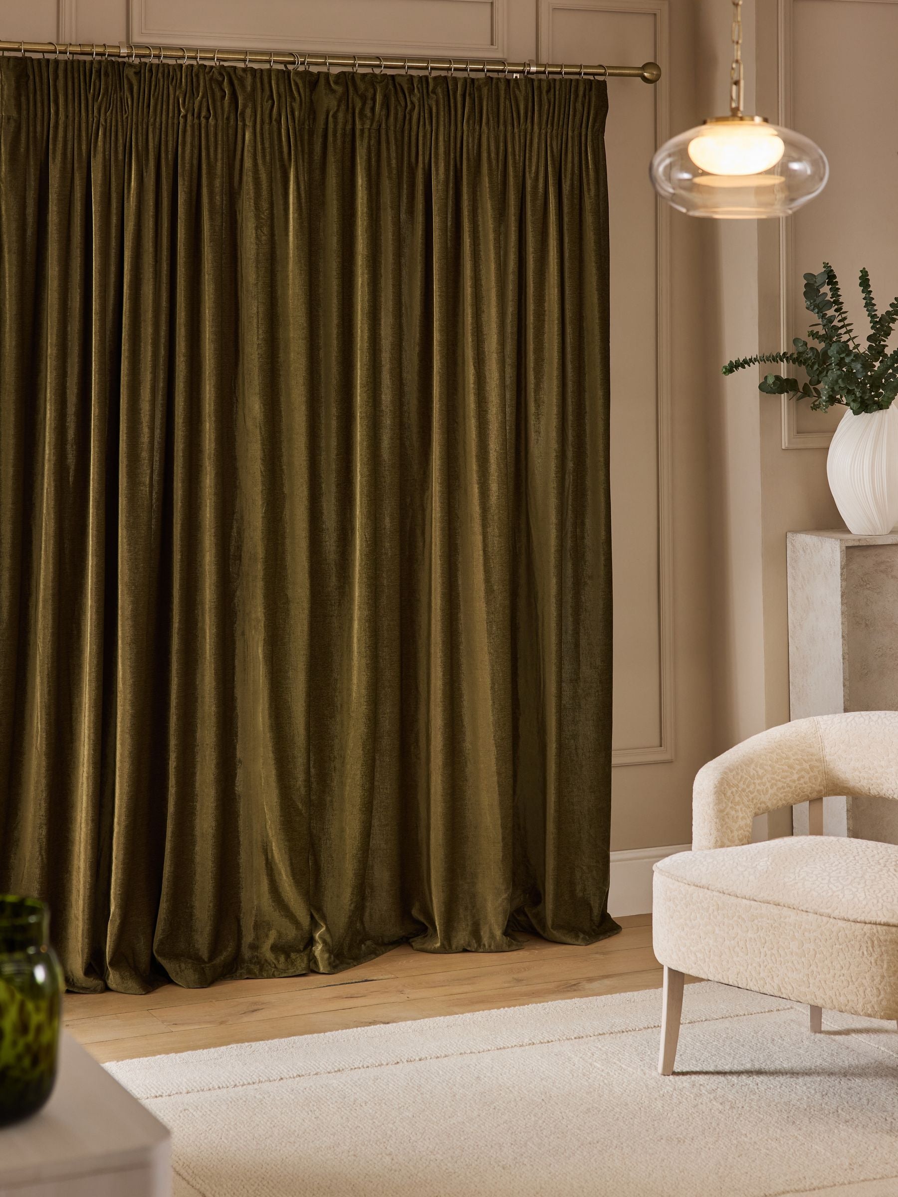 Olive green chenille pencil pleat curtains - British product