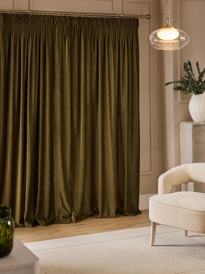 Olive green chenille pencil pleat curtains - British product