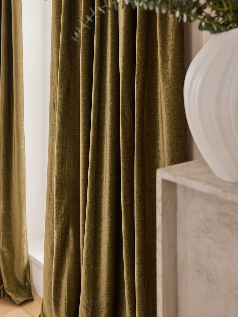 Olive green chenille pencil pleat curtains - British product