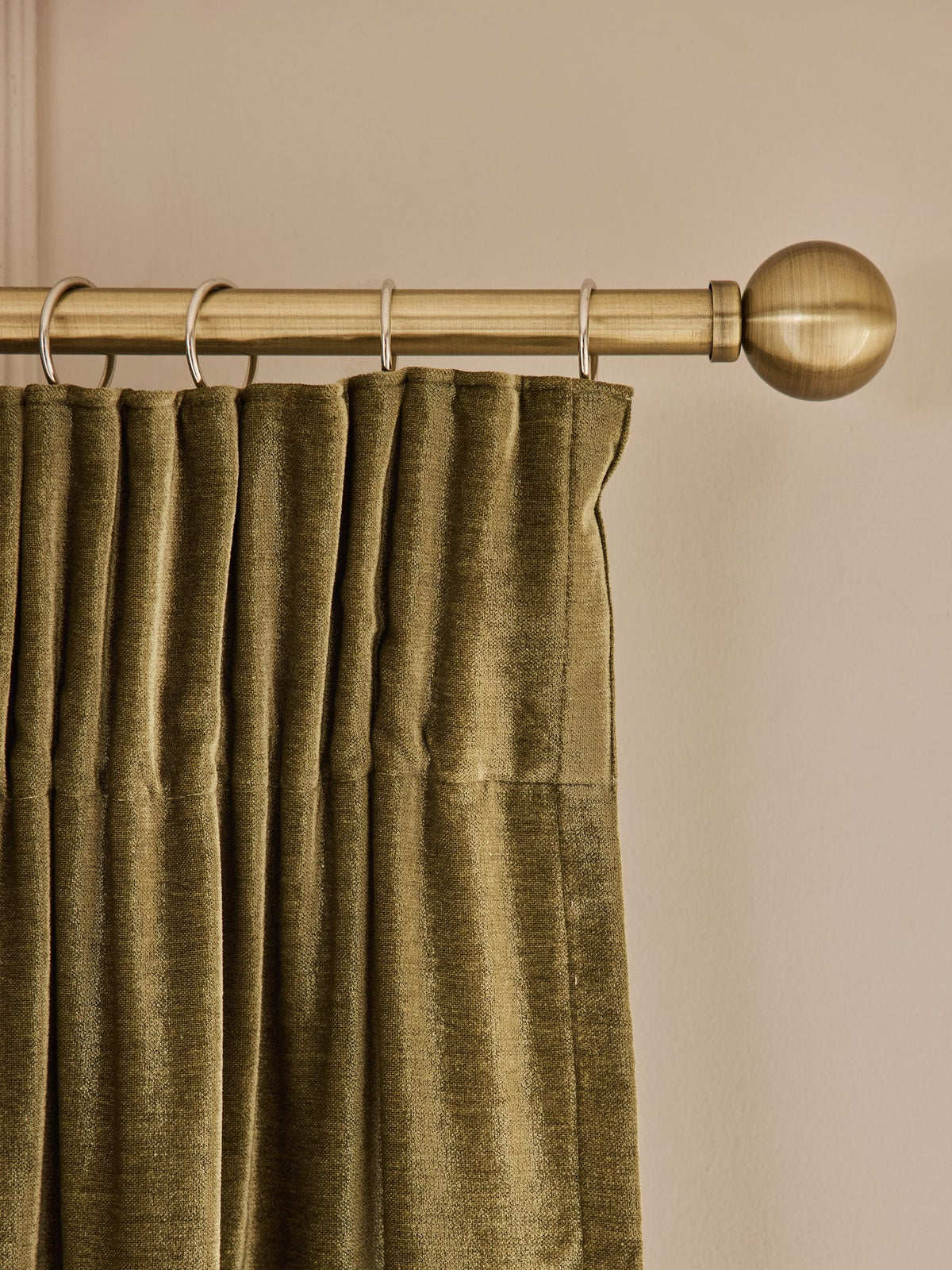 Olive green chenille pencil pleat curtains - British product