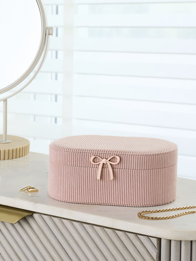 Pink ribbed jewellery box with bow and mirror (British brand)