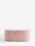 Pink ribbed jewellery box with bow and mirror (British brand)