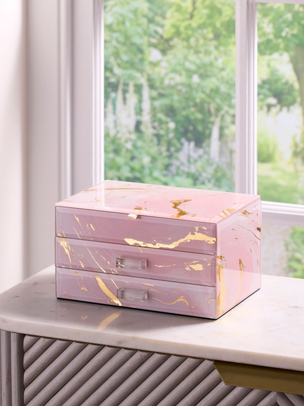 Navy Marble Effect Glass Jewellery Box with Velvet Lining