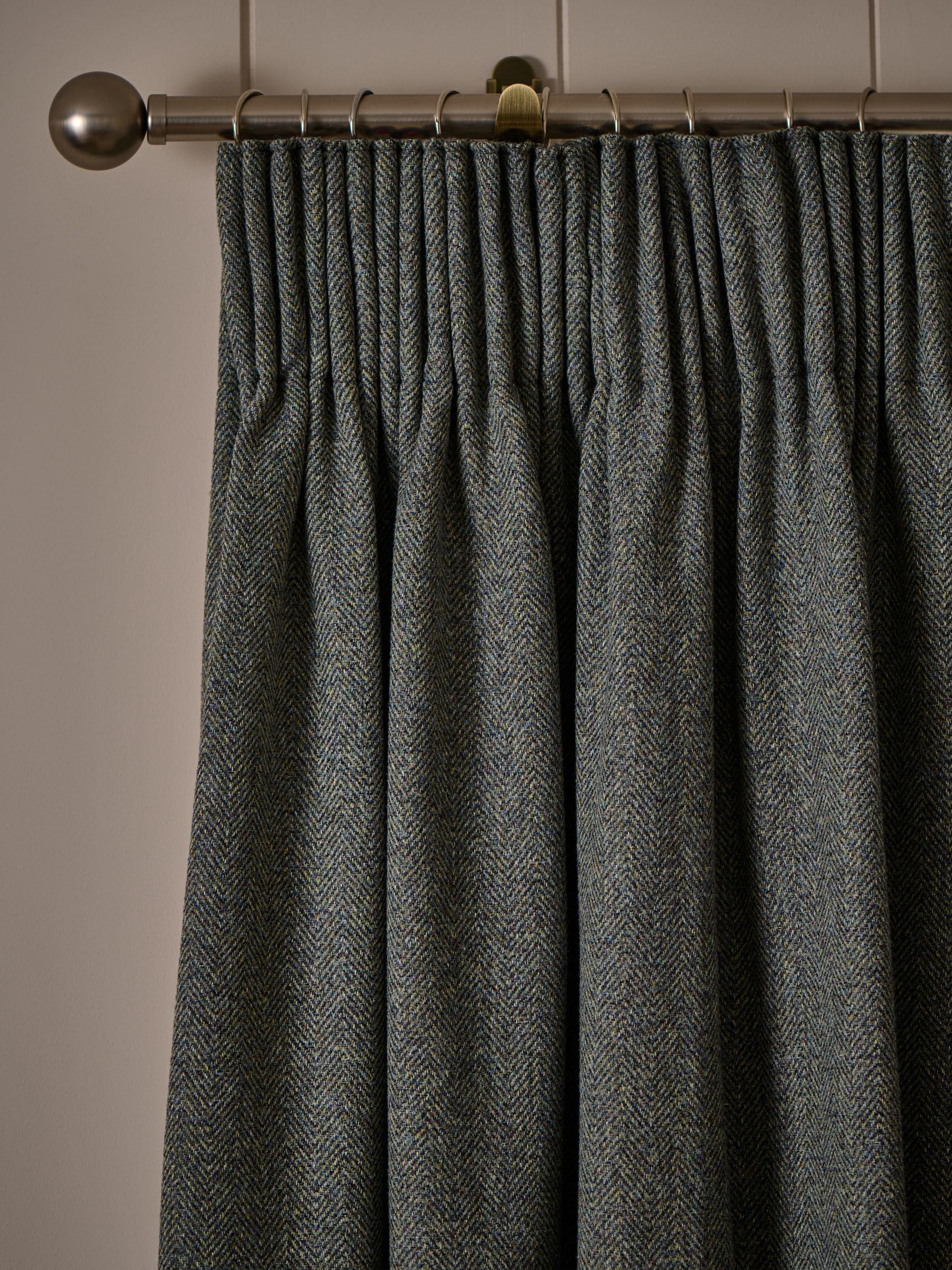 Green herringbone pencil pleat curtains with blackout thermal lining (British brand)