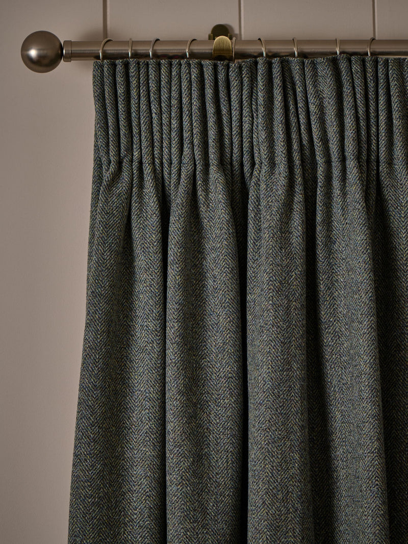 Green herringbone pencil pleat curtains with blackout thermal lining (British brand)