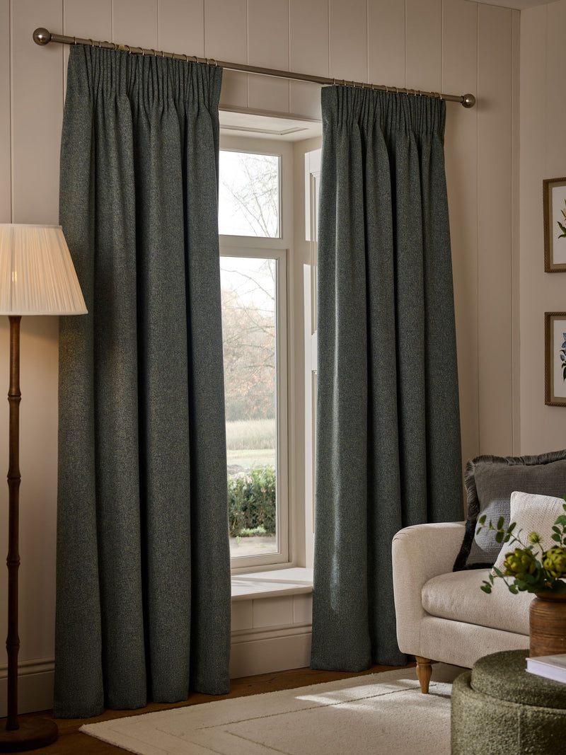 Green herringbone pencil pleat curtains with blackout thermal lining (British brand)