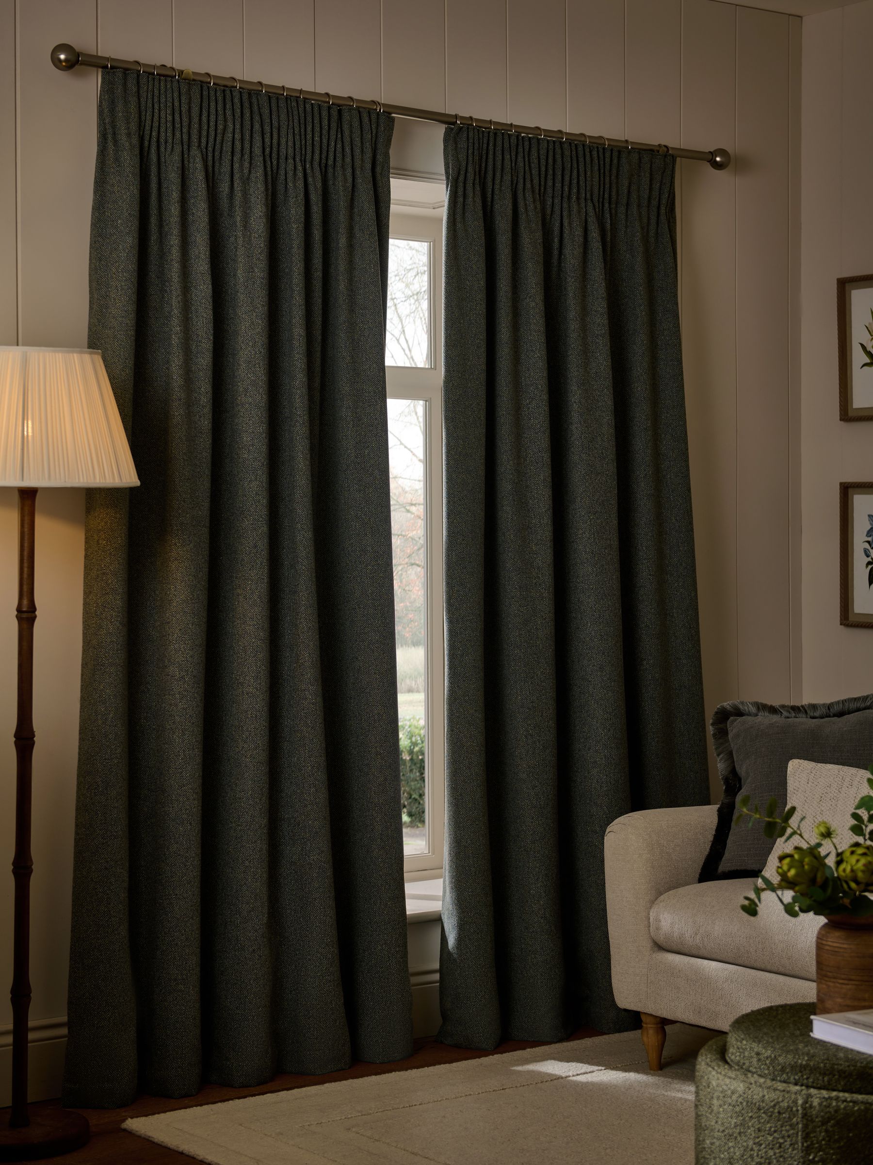 Green herringbone pencil pleat curtains with blackout thermal lining (British brand)