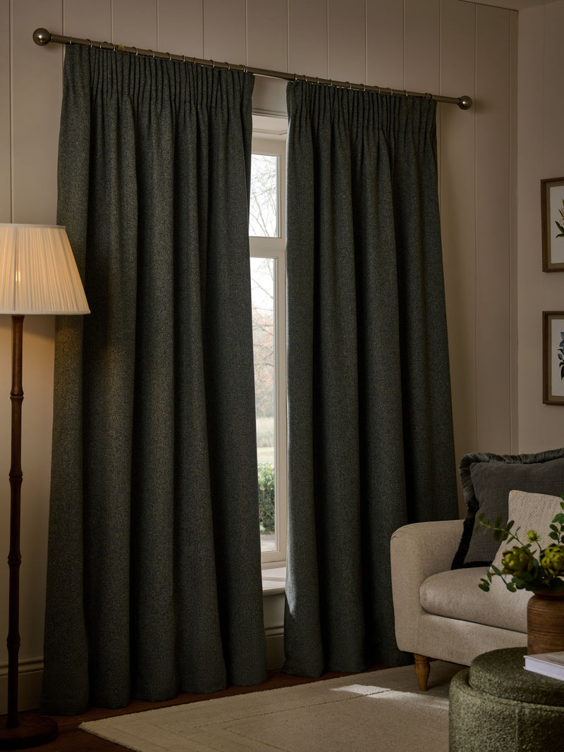 Green herringbone pencil pleat curtains with blackout thermal lining (British brand)