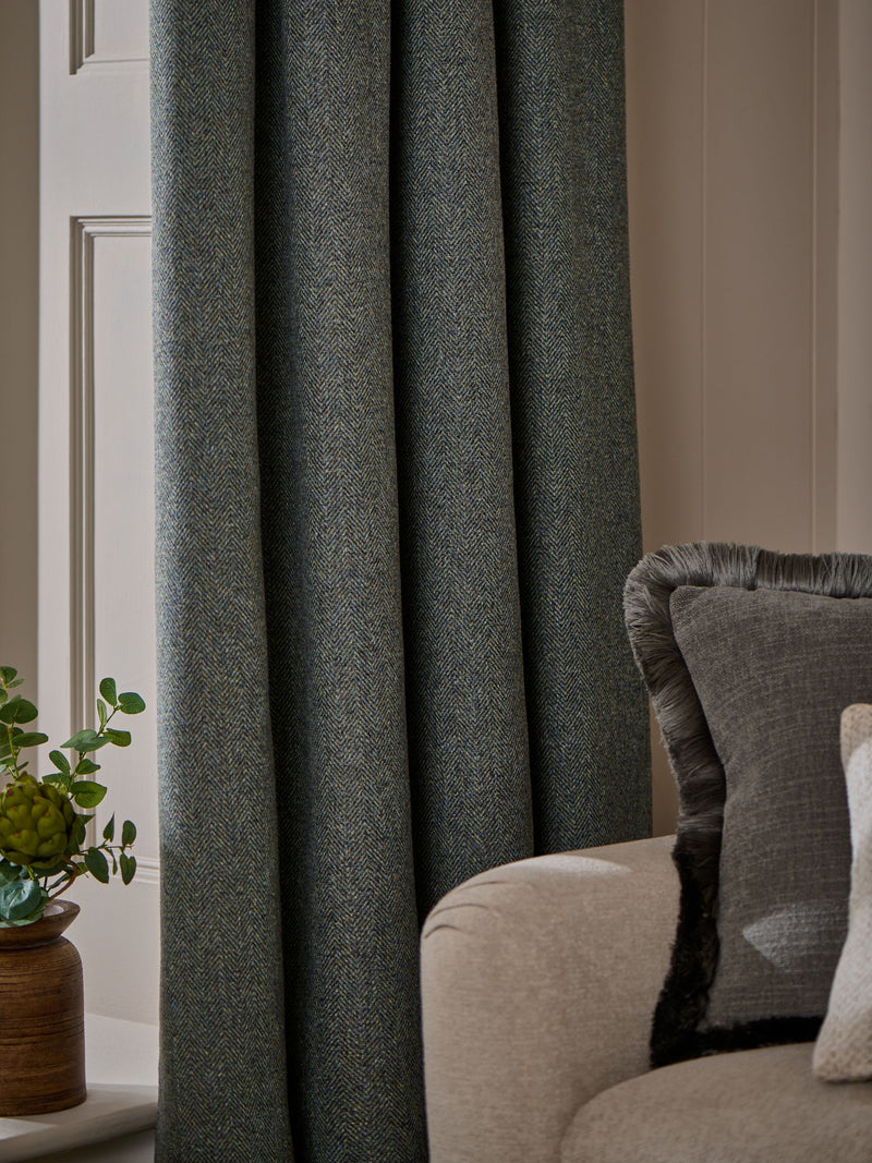 Green herringbone pencil pleat curtains with blackout thermal lining (British brand)