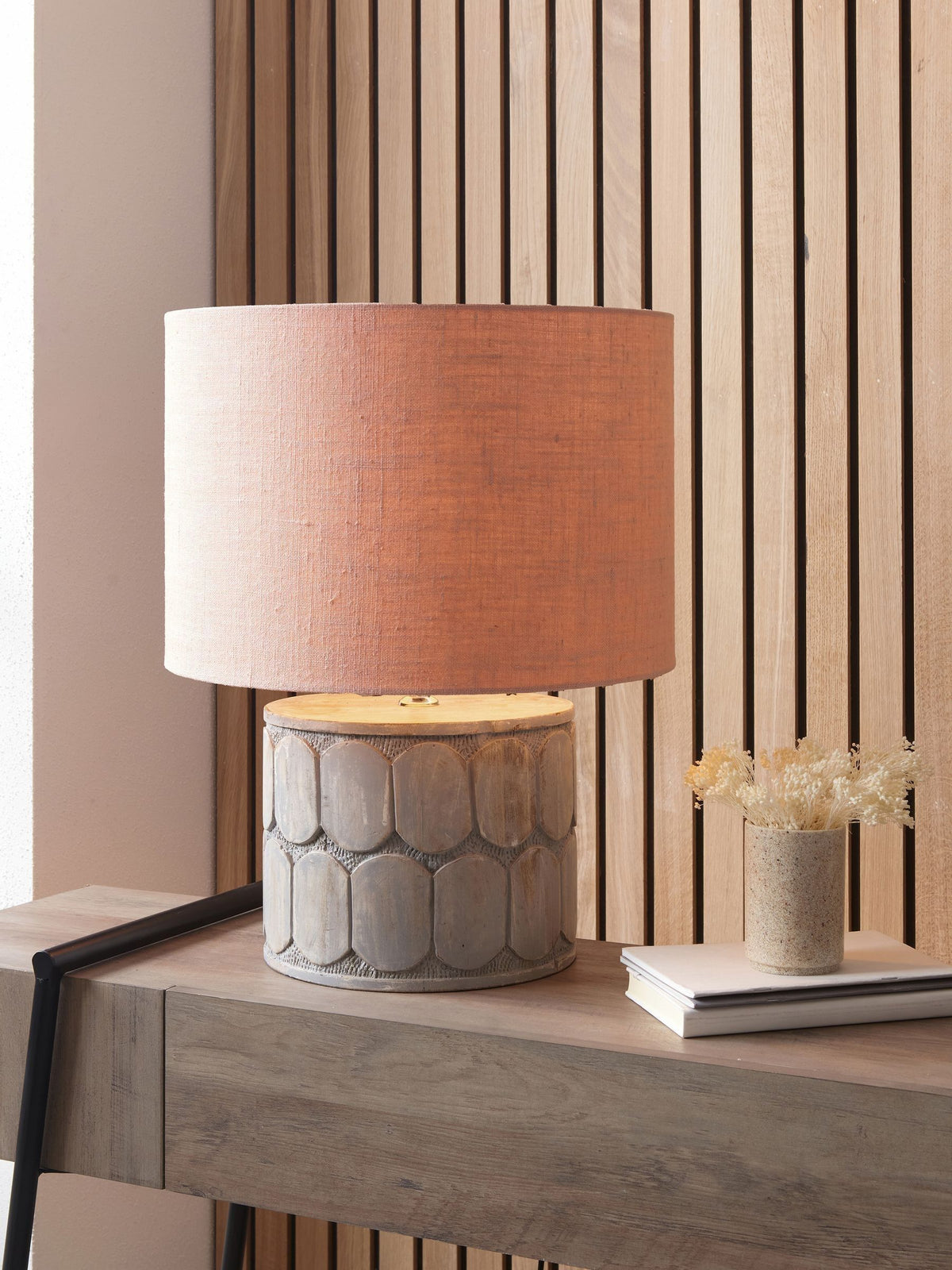 Pacific Lifestyle grey Cezara embossed wood wide table lamp, imported from the UK