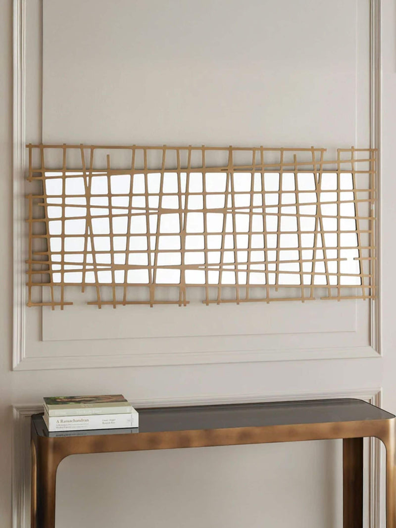 Libra Interiors gold lattice wall mirror brass finish 140cm x 62cm, UK version