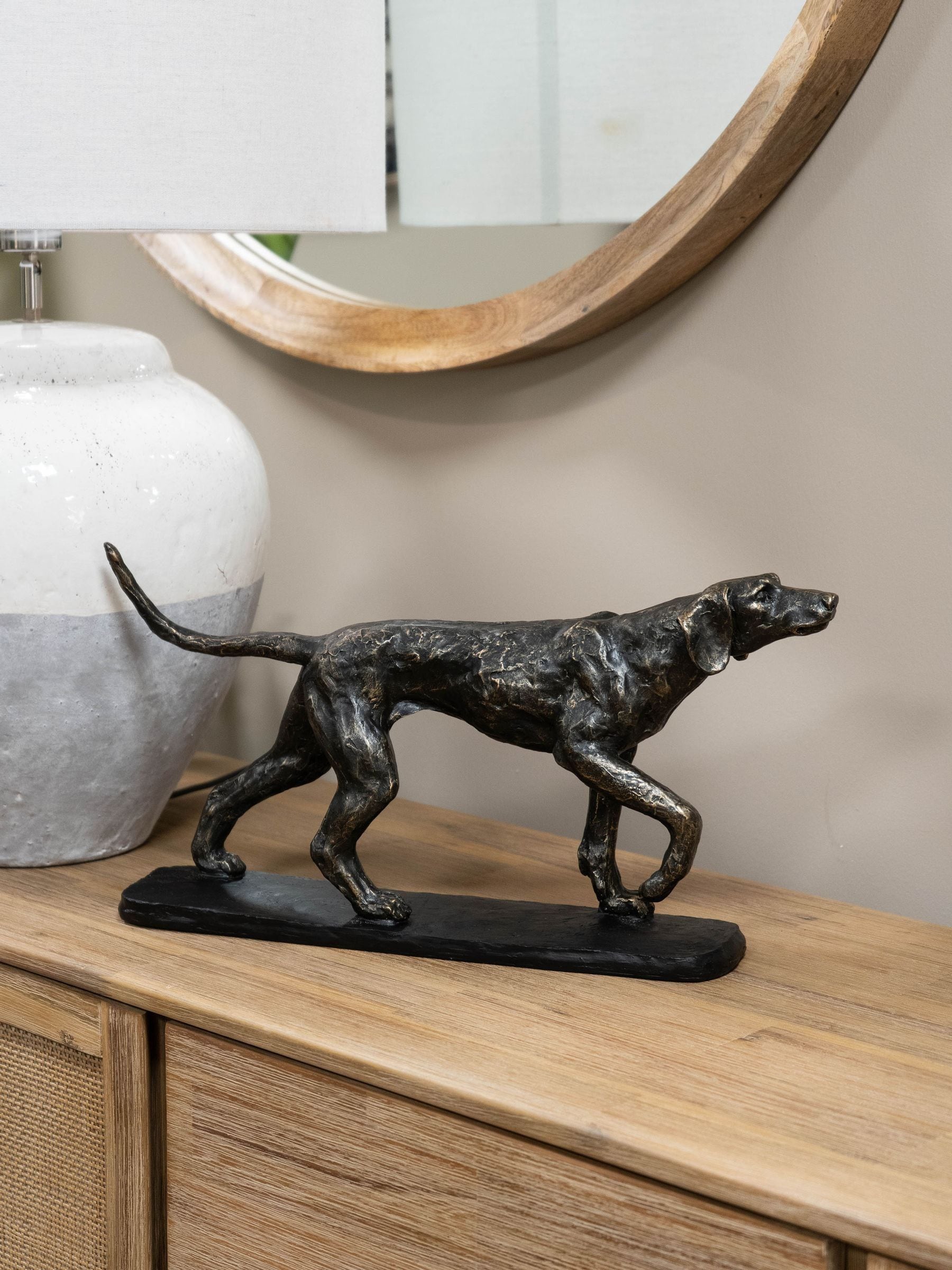 Libra Interiors bronze hunter dog sculpture with antique bronze coating, UK version