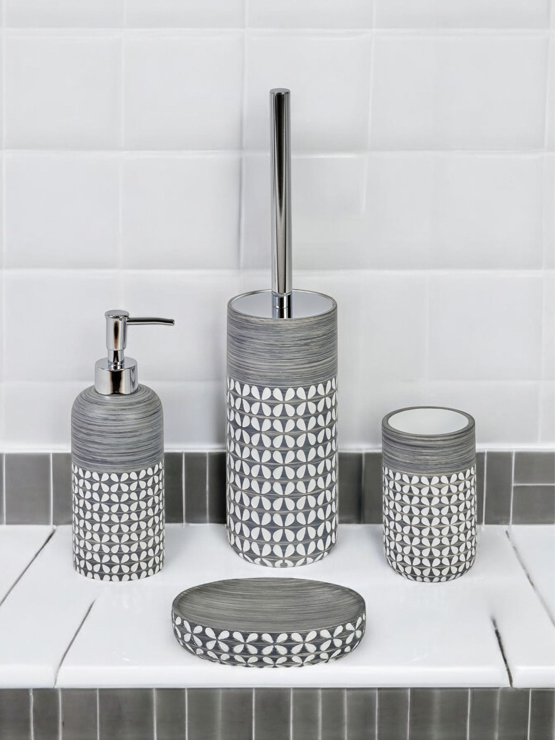 Showerdrape grey floral bathroom accessory set 4, imported from the UK