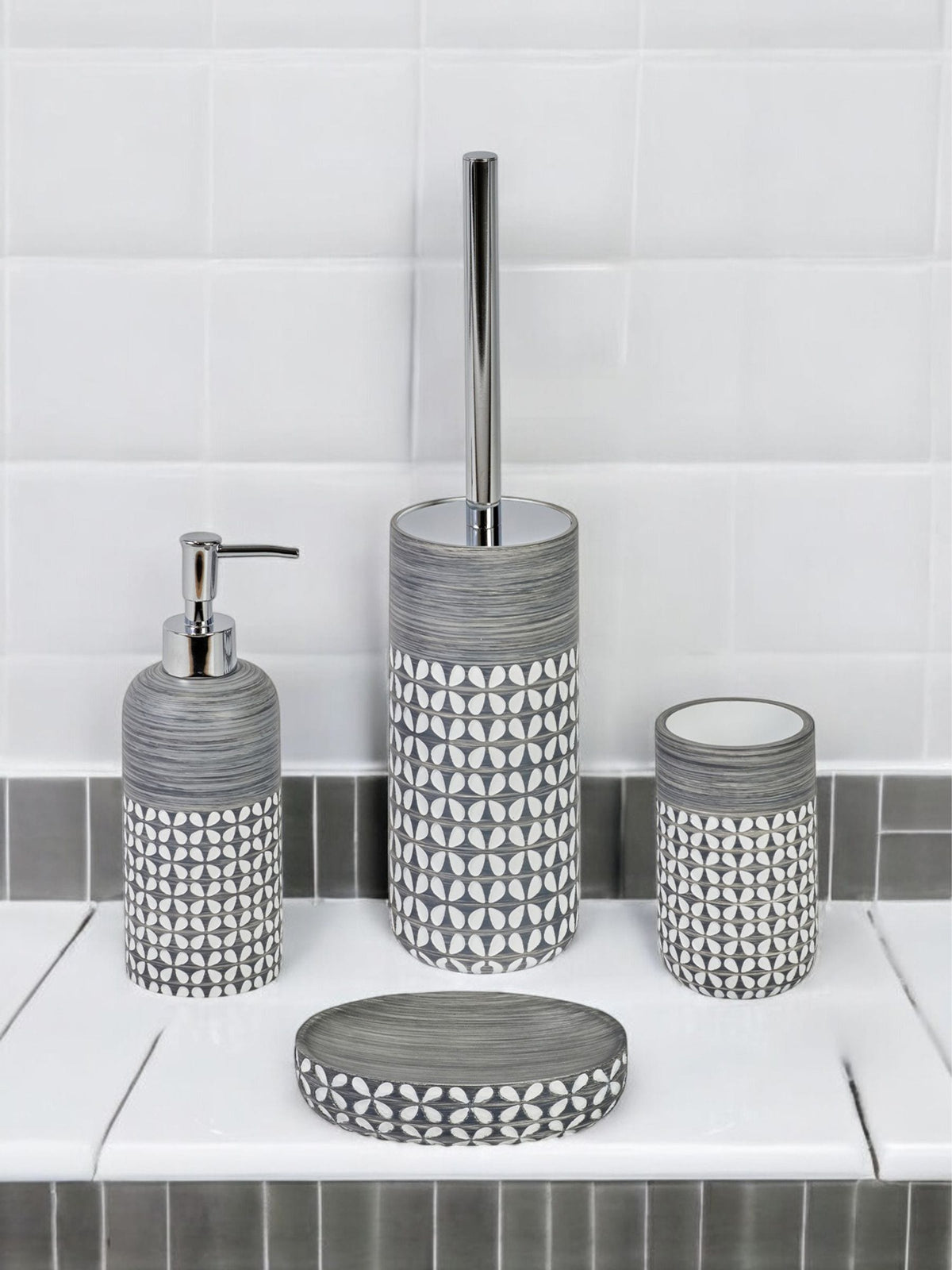 Showerdrape grey floral bathroom accessory set 4, imported from the UK