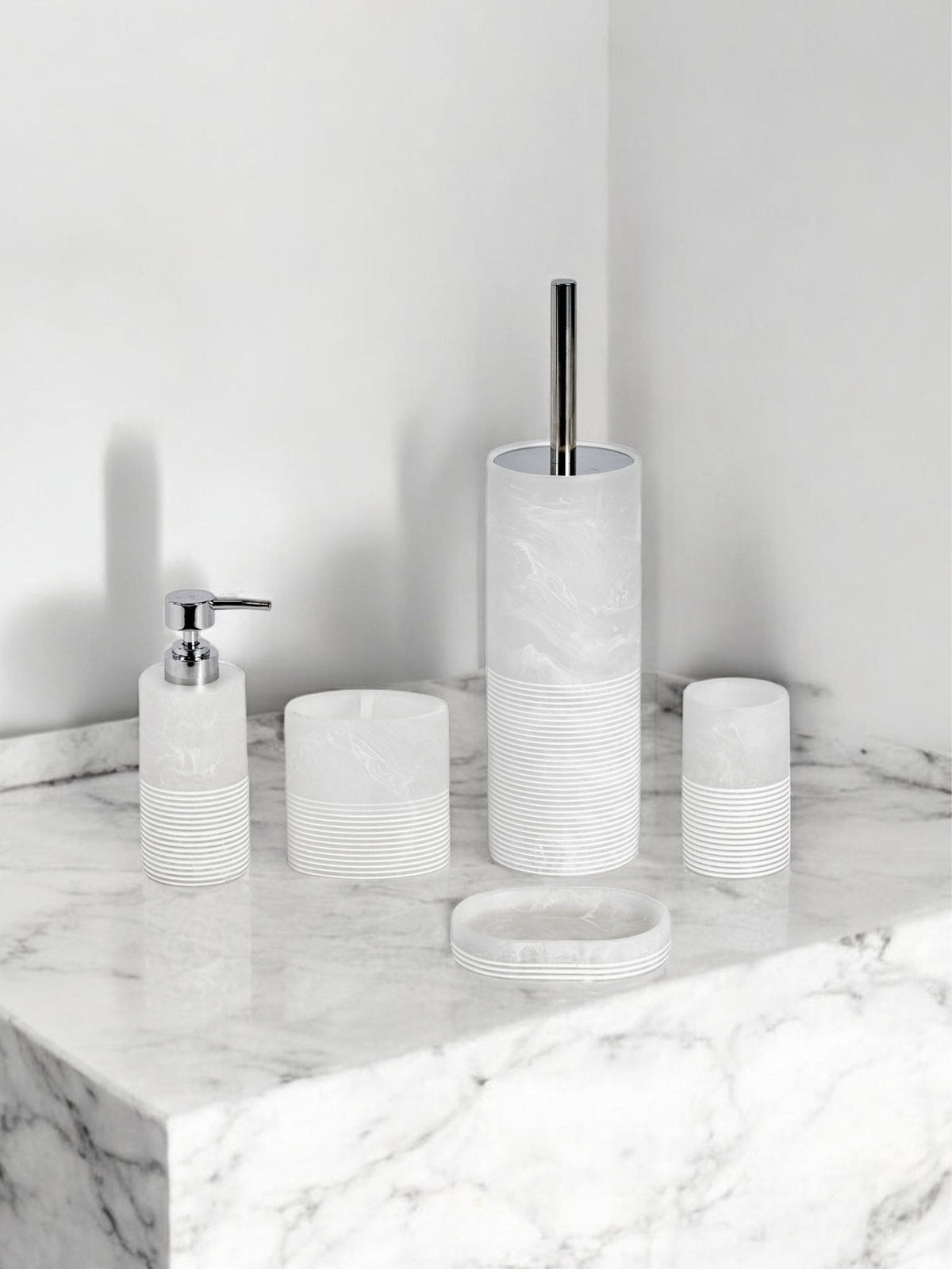 Showerdrape Bianco onyx bathroom accessories set 5-piece, imported from the UK