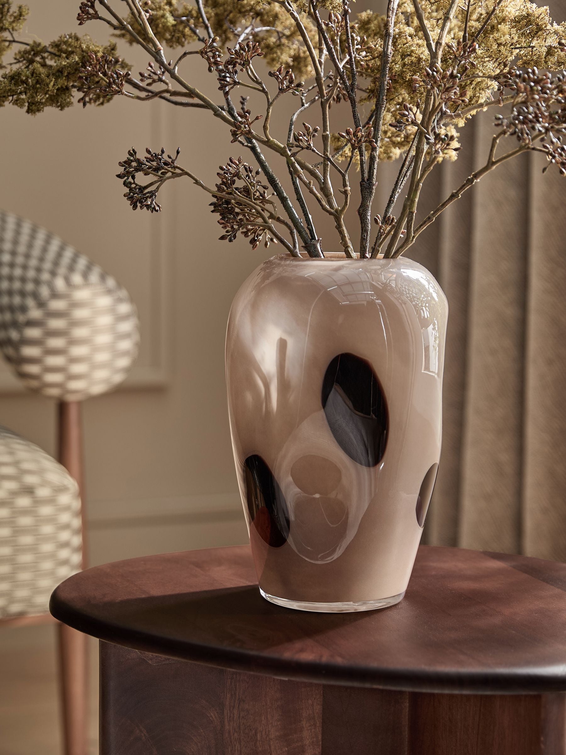 Brown spot swirl glass vase 27.5cm tall, British product