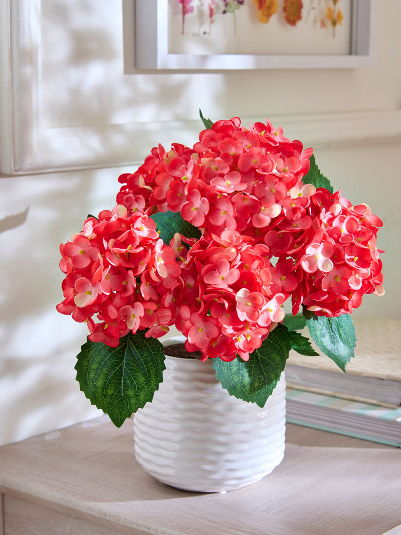 Artificial hydrangea arrangement in pink ceramic pot 34cm, UK version