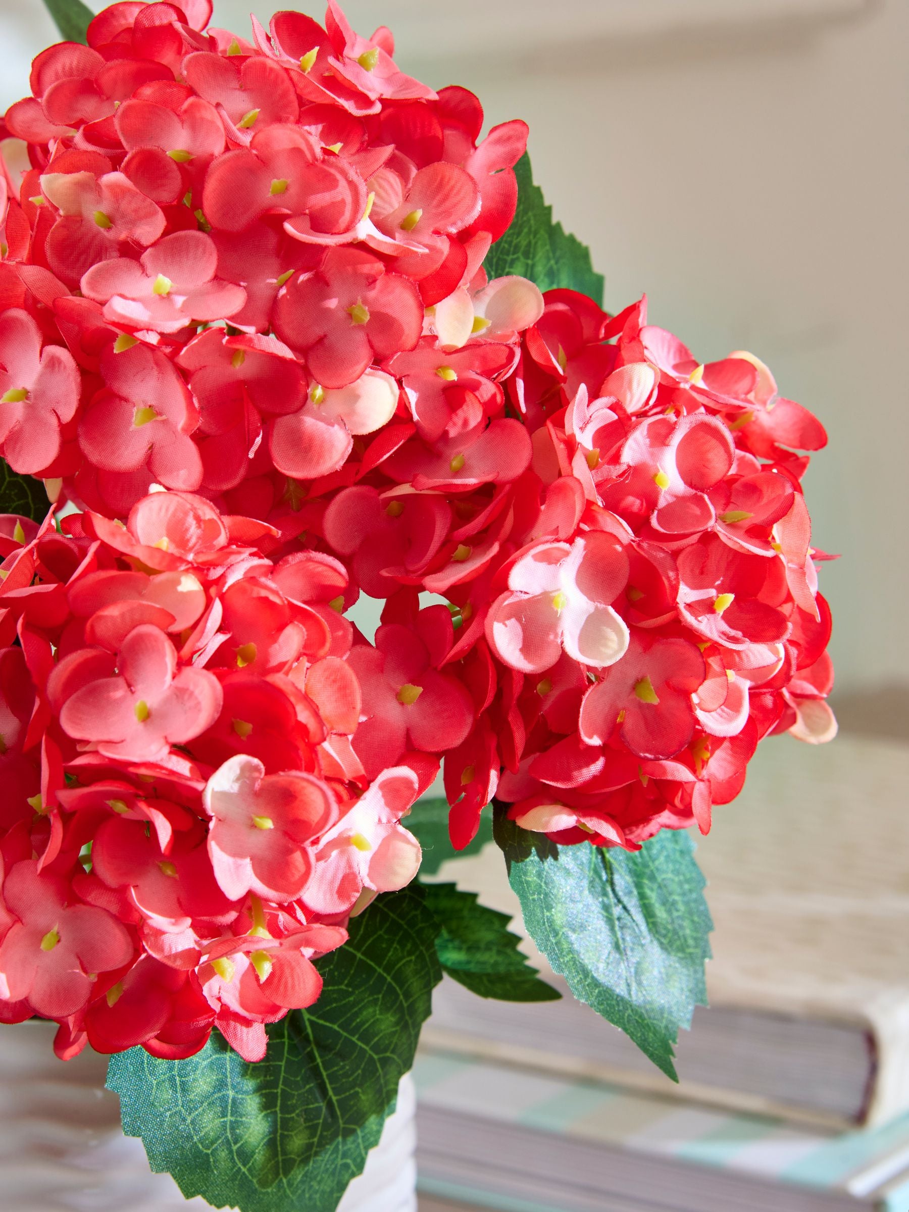 Artificial hydrangea arrangement in pink ceramic pot 34cm, UK version