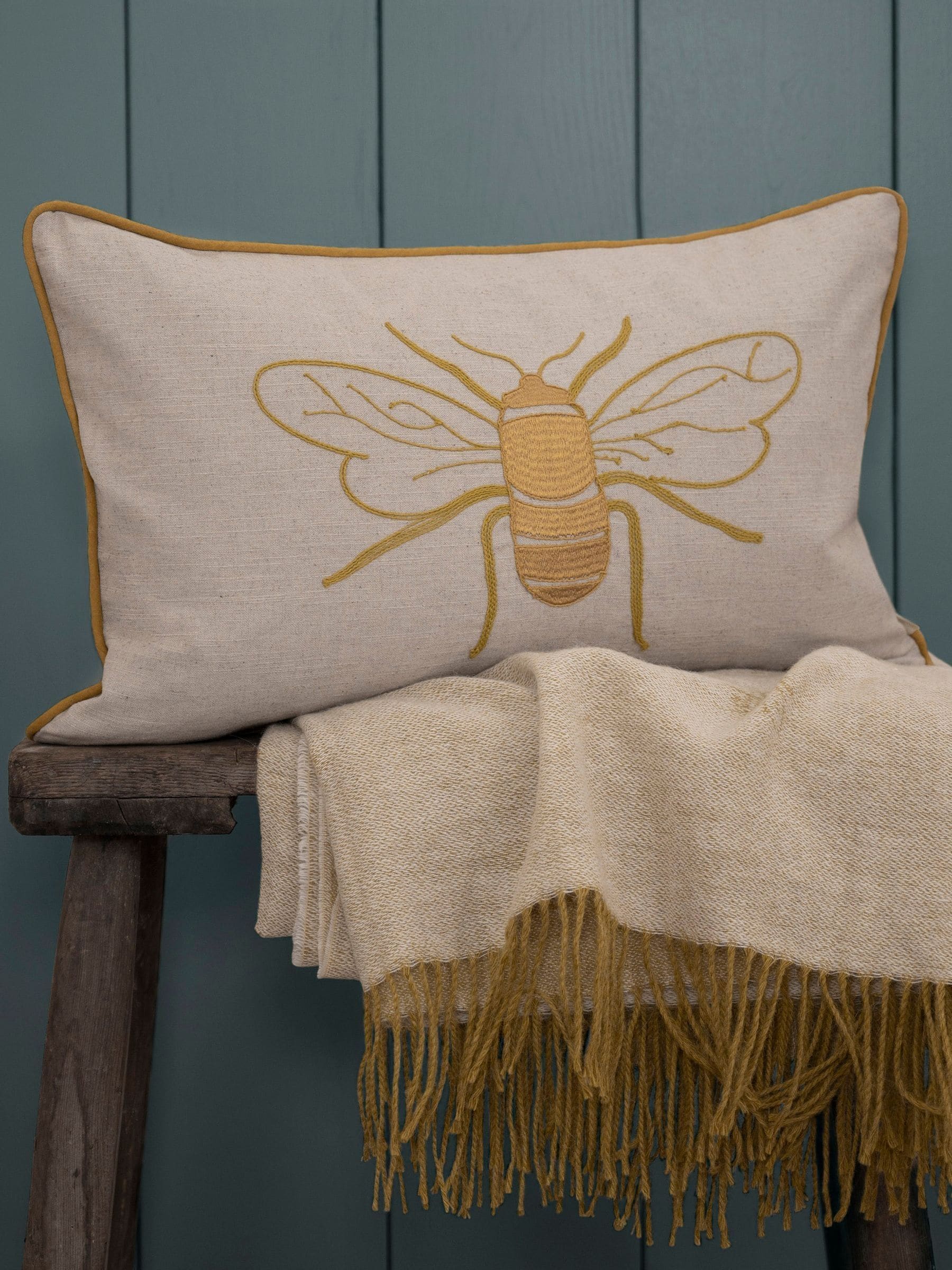 Sophie Allport embroidered bee cushion linen blend 35x55cm, imported from the UK