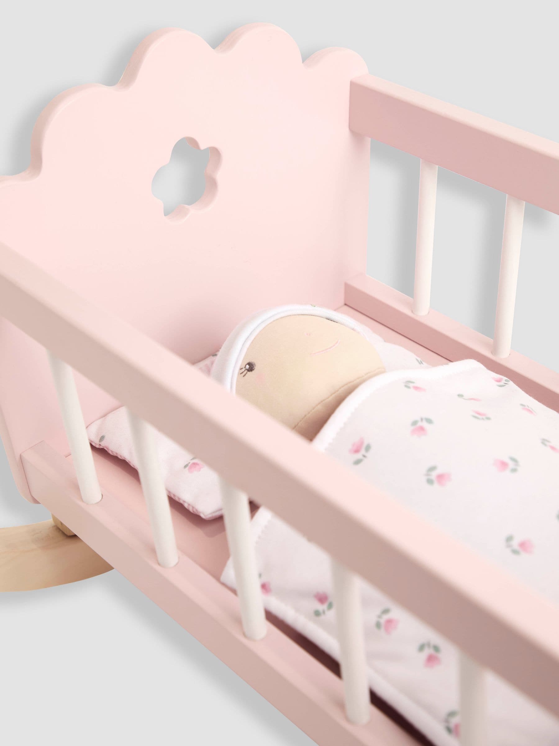 JoJo Maman Bébé pink wooden baby doll cradle (British brand)