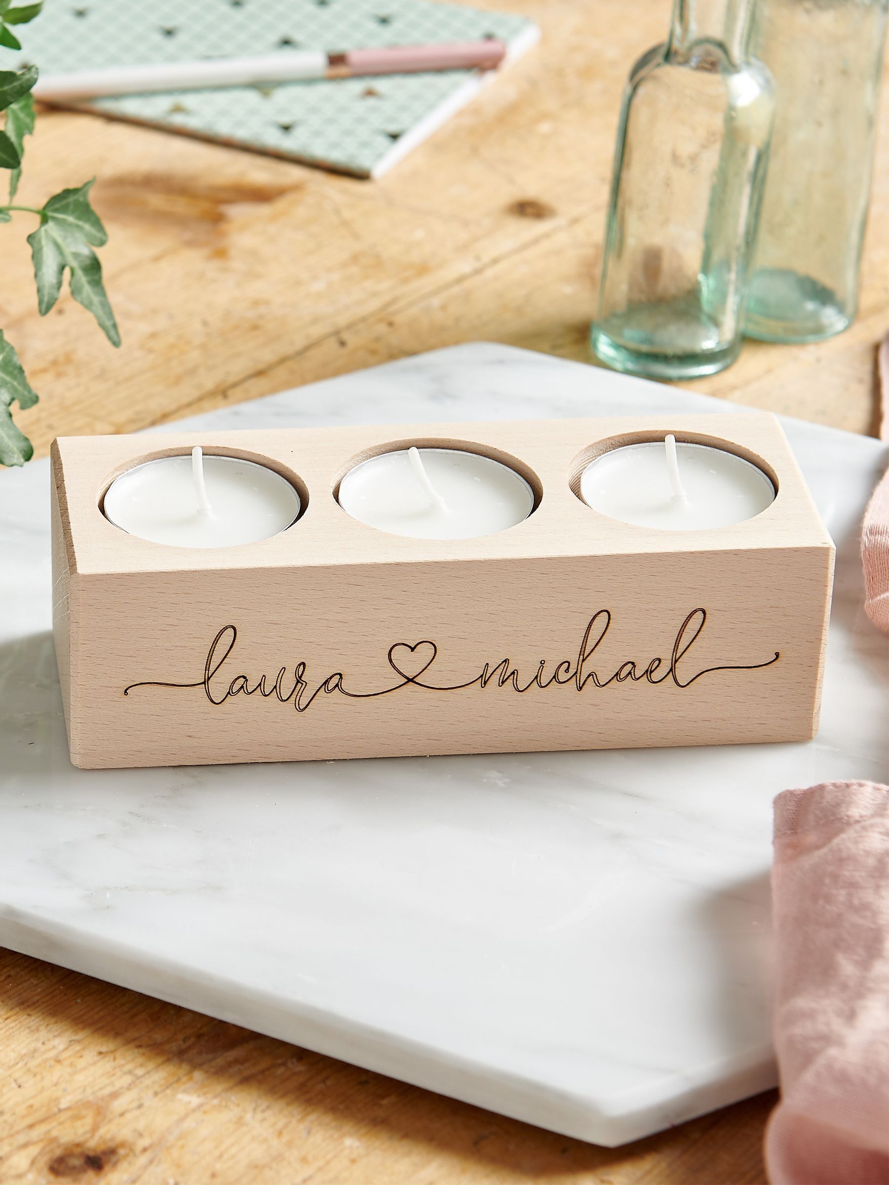 No Ordinary Gift couples wooden triple candle holder 15cm wide - British product