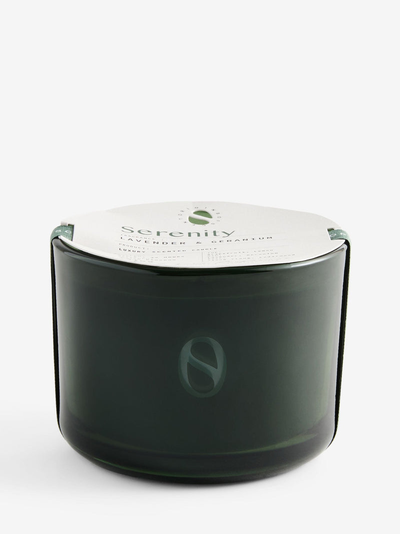 Serenity Green 3 wick lavender geranium candle, imported from the UK